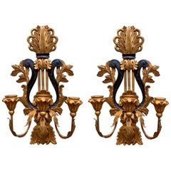 Vintage Italian Giltwood 3-Arm Harp Wall Candle Sconces ~ a Pair