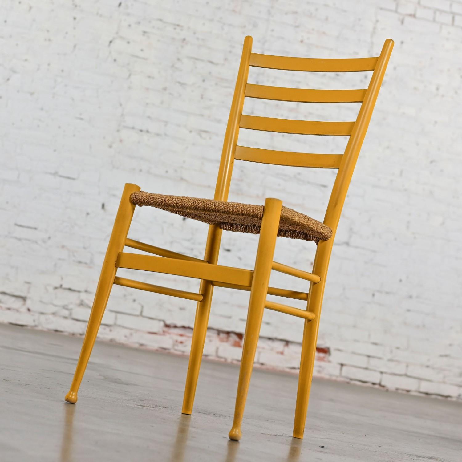 Vintage Italian Gio Ponti Style Yellow Ladderback Side Chair Woven Seagrass Seat For Sale 6