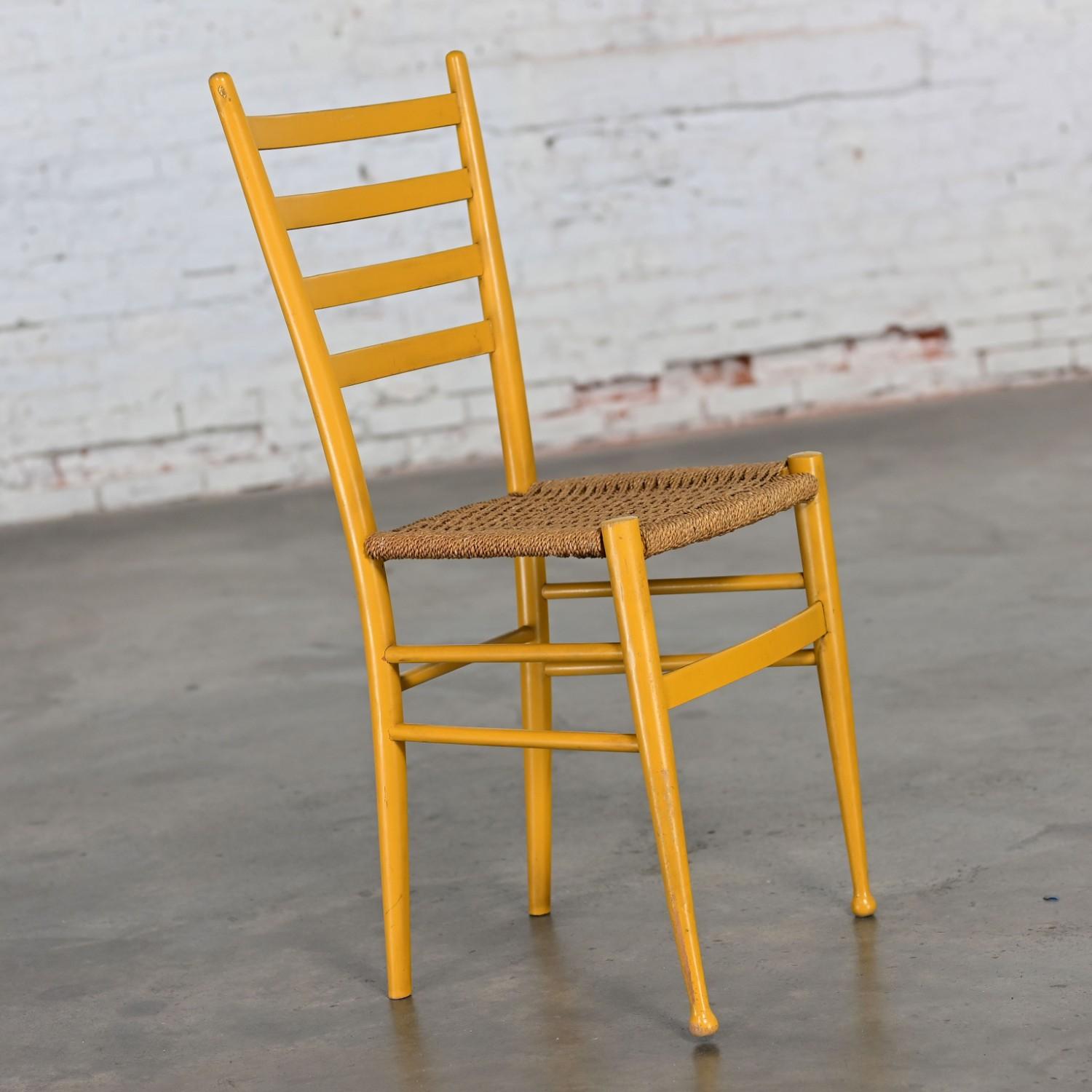 Vintage Italian Gio Ponti Style Yellow Ladderback Side Chair Woven Seagrass Seat For Sale 9