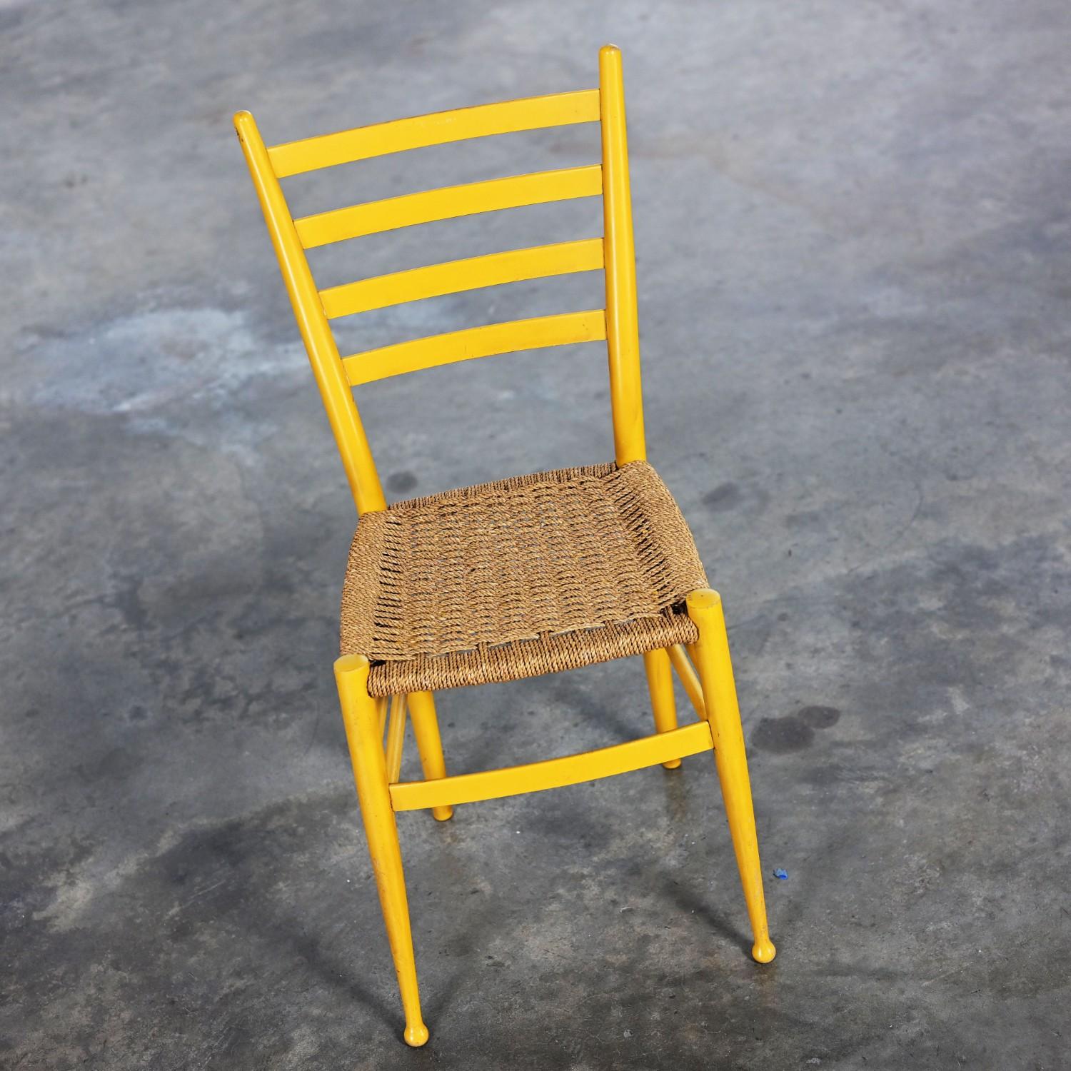 Vintage Italian Gio Ponti Style Yellow Ladderback Side Chair Woven Seagrass Seat For Sale 10