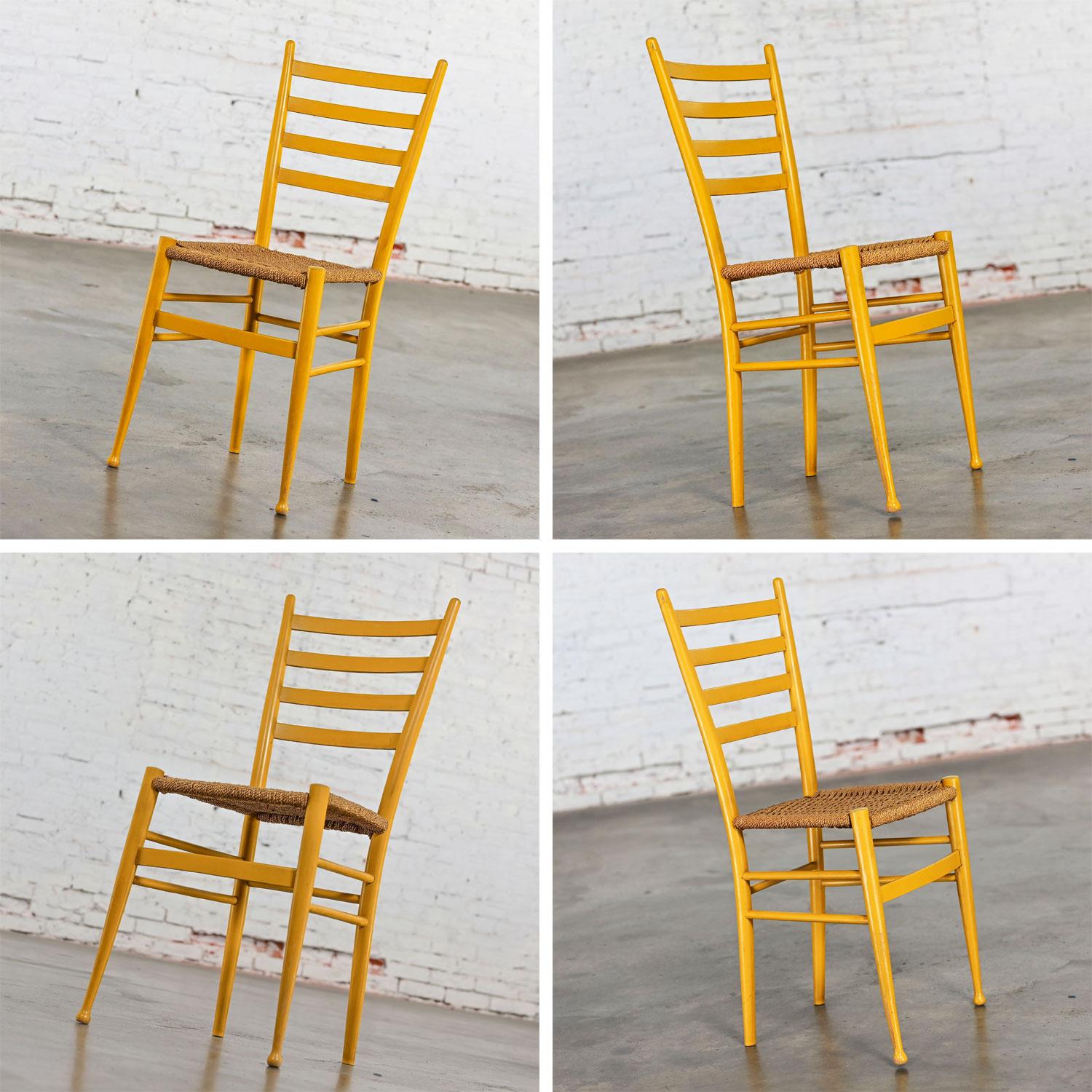 Vintage Italian Gio Ponti Style Yellow Ladderback Side Chair Woven Seagrass Seat For Sale 11