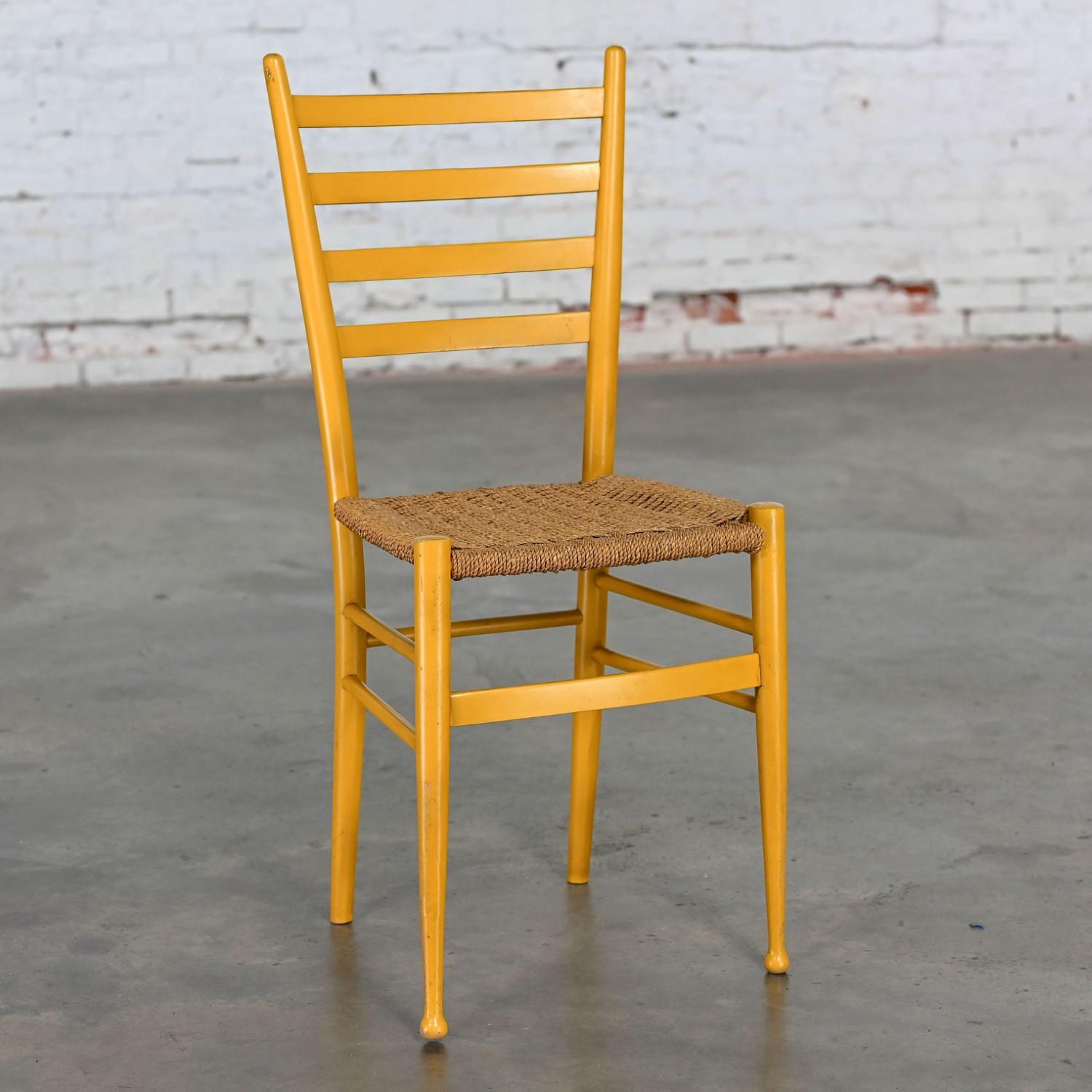 Vintage Italian Gio Ponti Style Yellow Ladderback Side Chair Woven Seagrass Seat For Sale 15