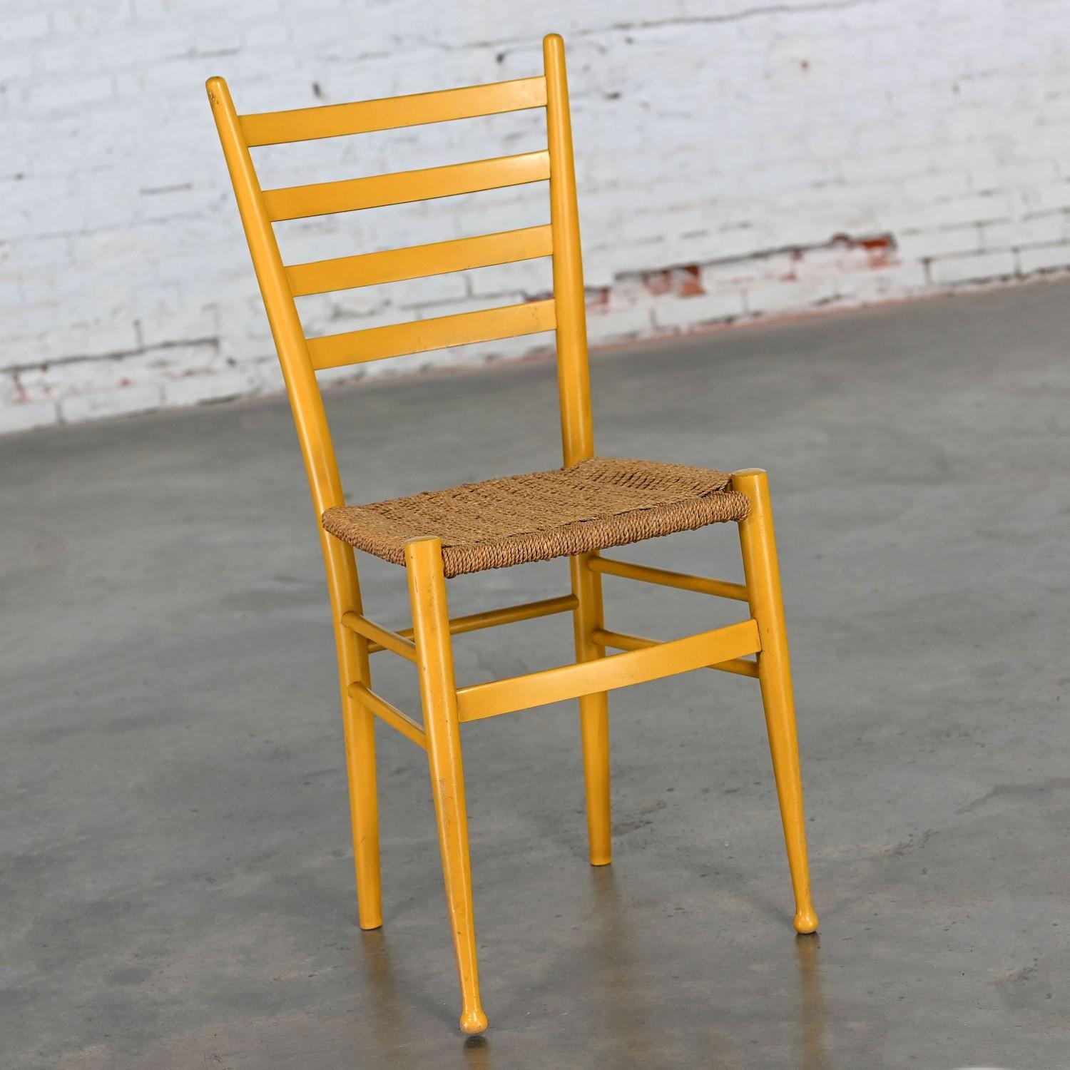Rustic Vintage Italian Gio Ponti Style Yellow Ladderback Side Chair Woven Seagrass Seat For Sale