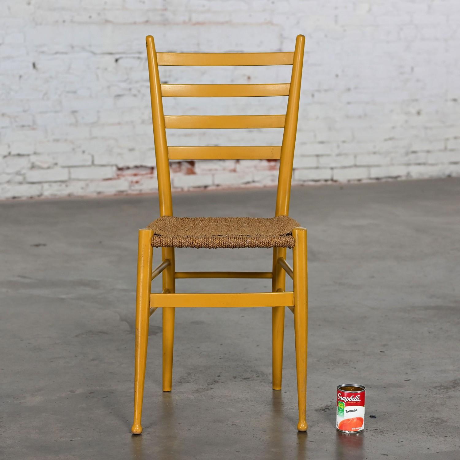 Vintage Italian Gio Ponti Style Yellow Ladderback Side Chair Woven Seagrass Seat In Good Condition For Sale In Topeka, KS