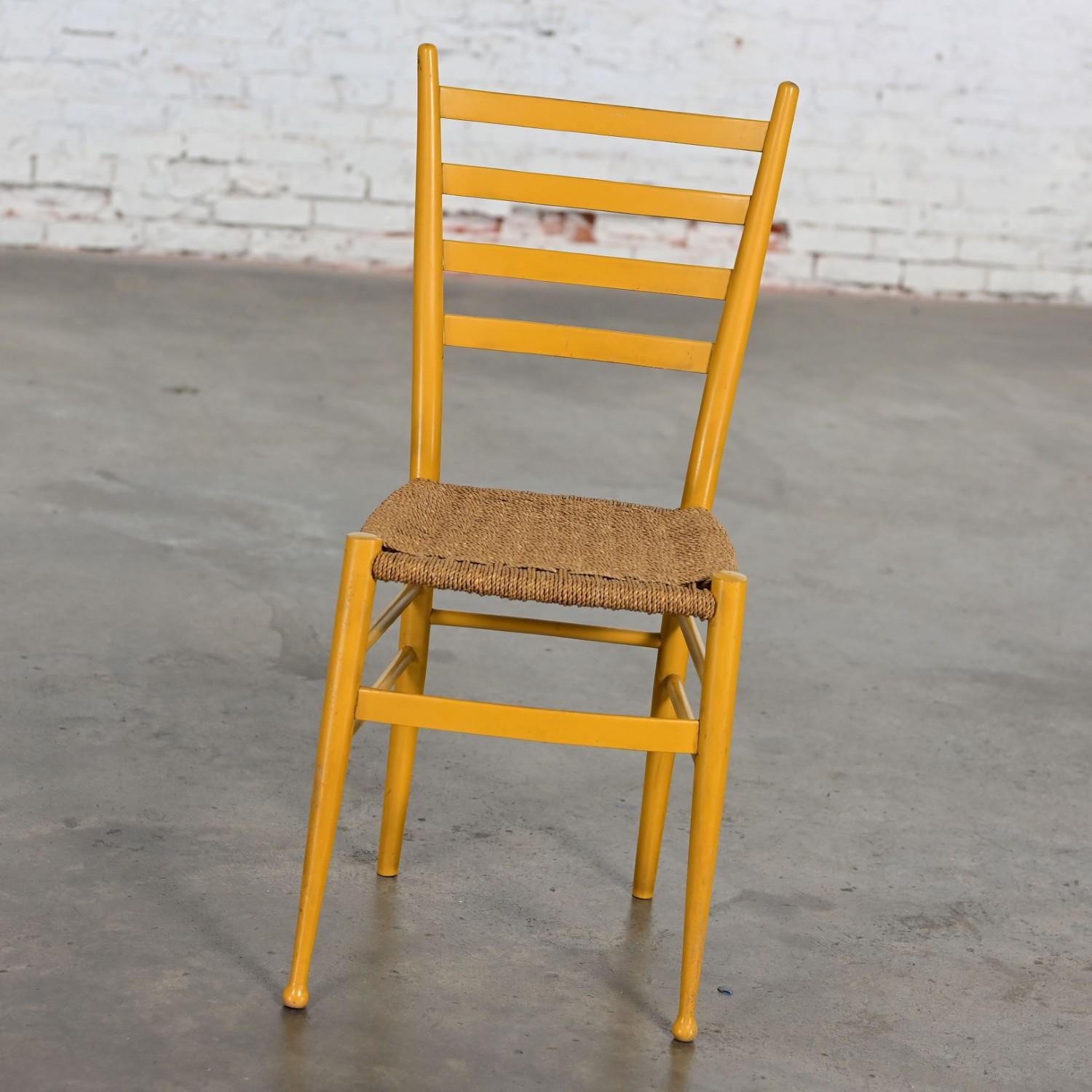 20th Century Vintage Italian Gio Ponti Style Yellow Ladderback Side Chair Woven Seagrass Seat For Sale