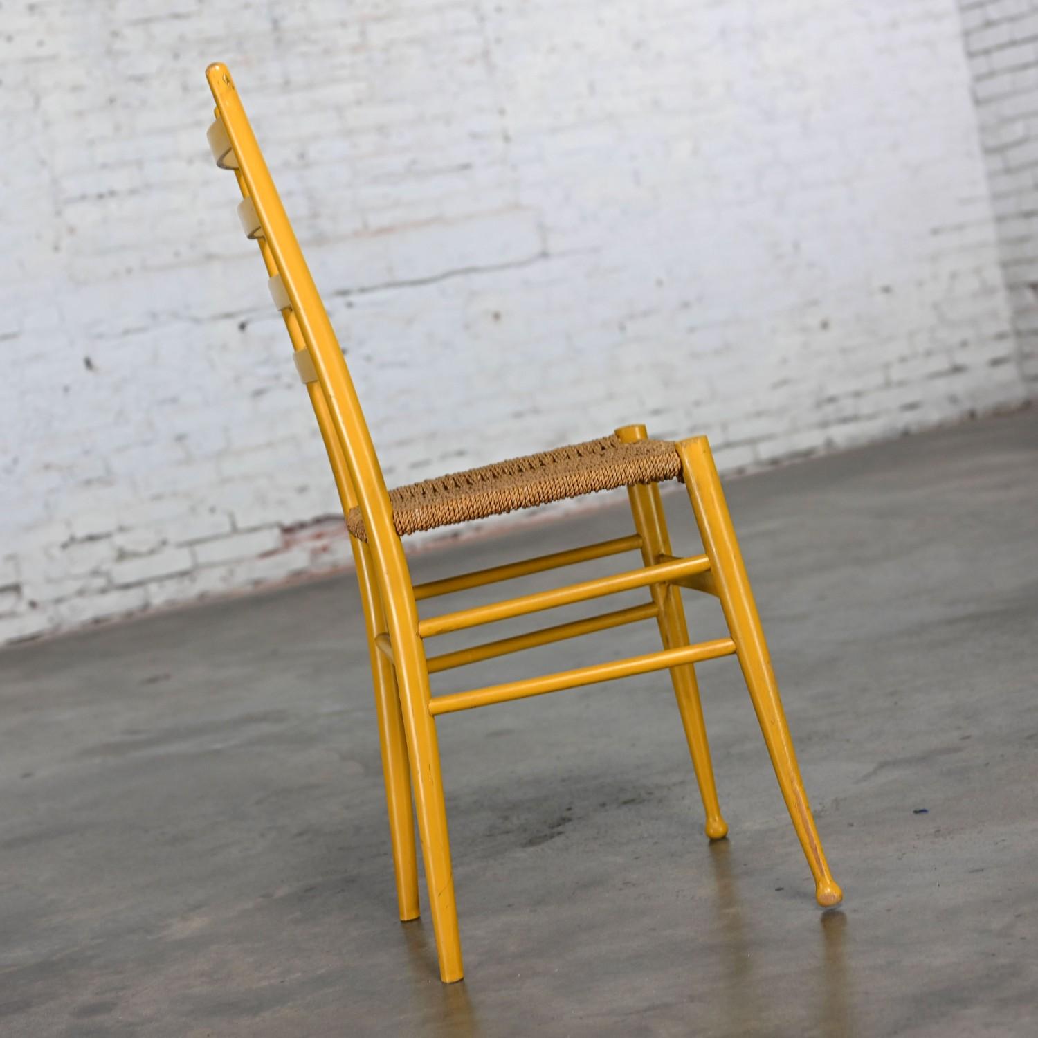 Vintage Italian Gio Ponti Style Yellow Ladderback Side Chair Woven Seagrass Seat For Sale 3