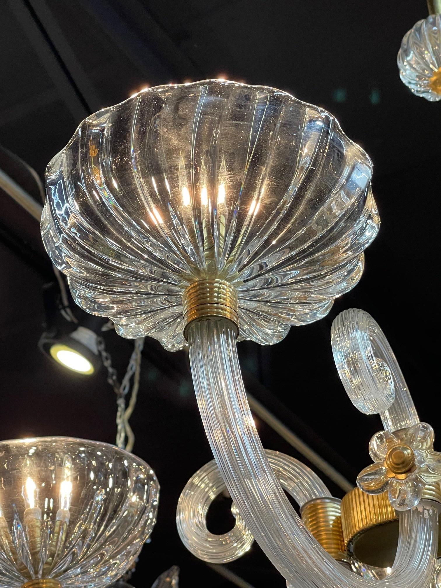 20th Century Vintage Italian Glass and Brass 6 Light Chandelier by Barovier and Toso