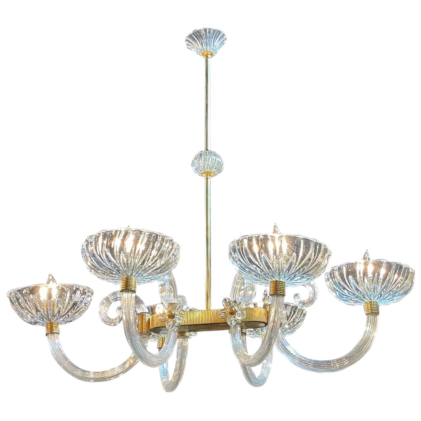 Vintage Italian Glass and Brass 6 Light Chandelier by Barovier and Toso