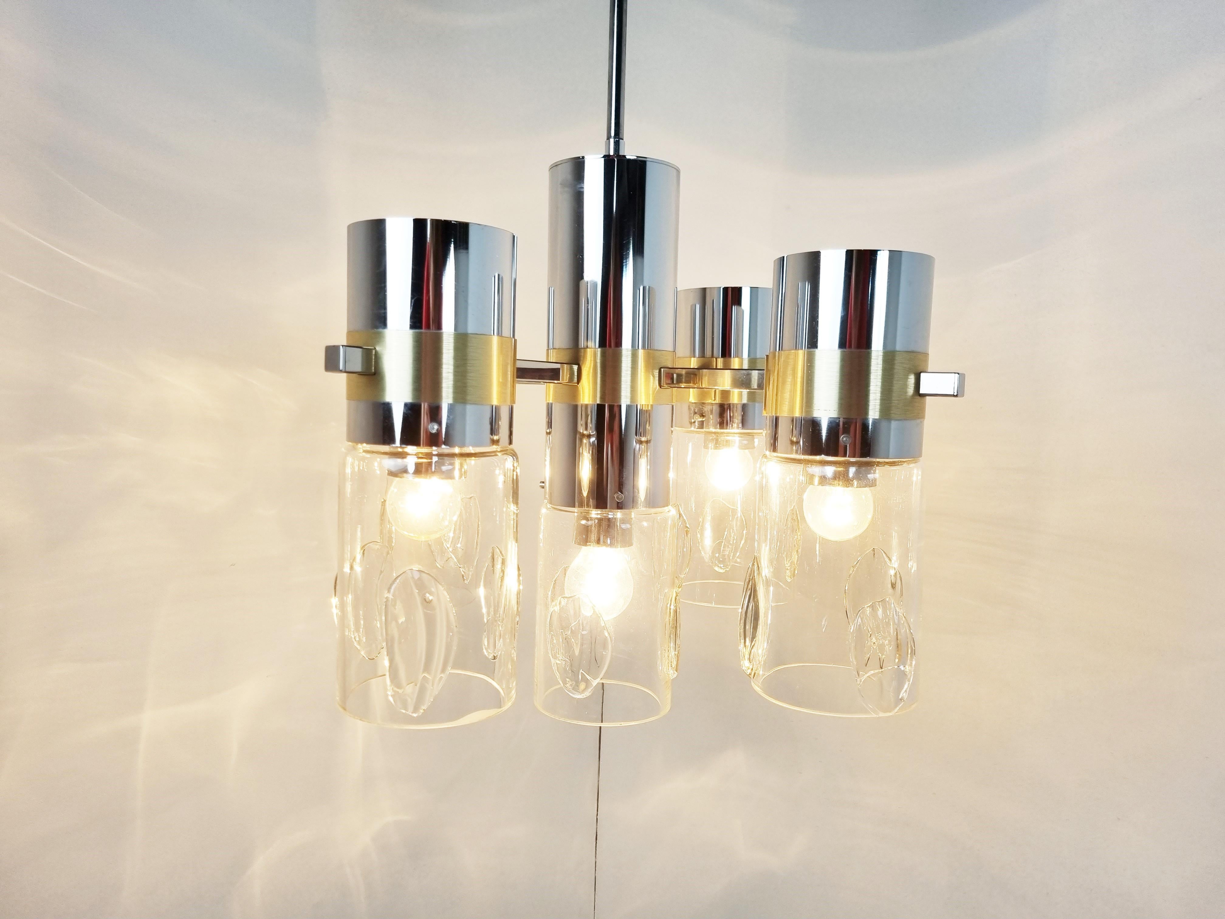 Mid-Century Modern Vintage Italian Glass and Chrome Chandelier, 1970s For Sale