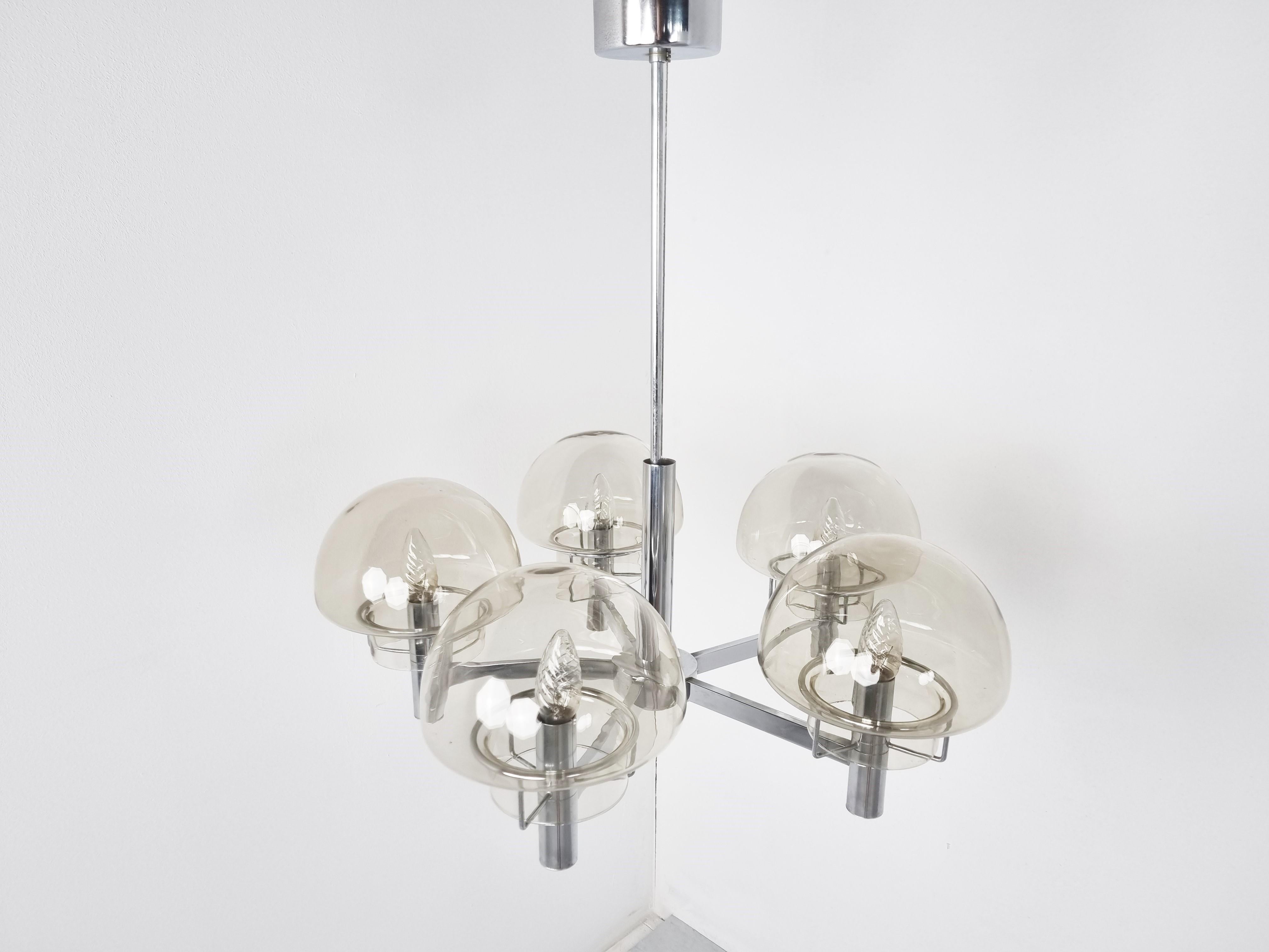 Space Age Vintage italian glass and chrome chandelier, 1970s For Sale