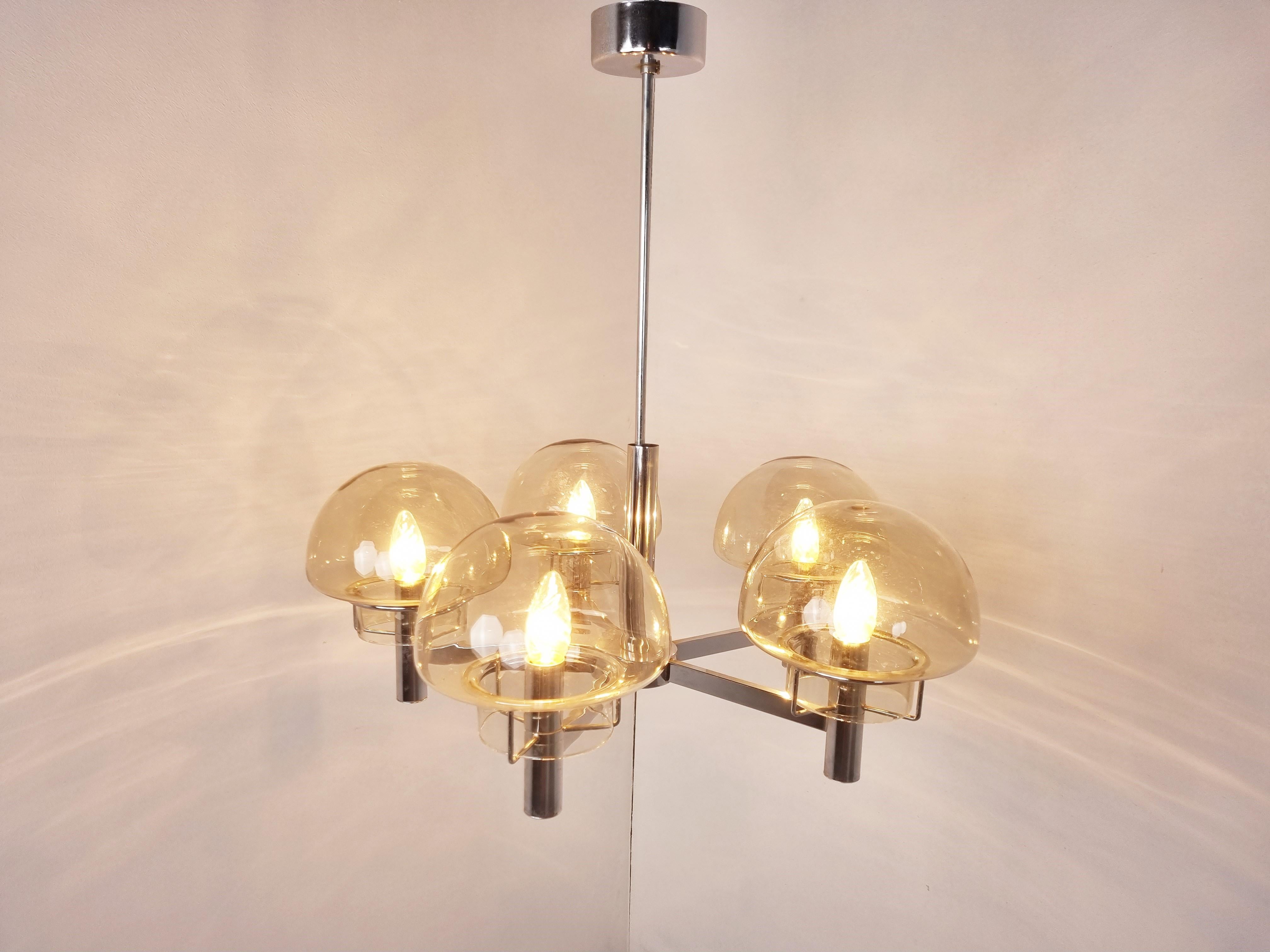 Late 20th Century Vintage italian glass and chrome chandelier, 1970s For Sale