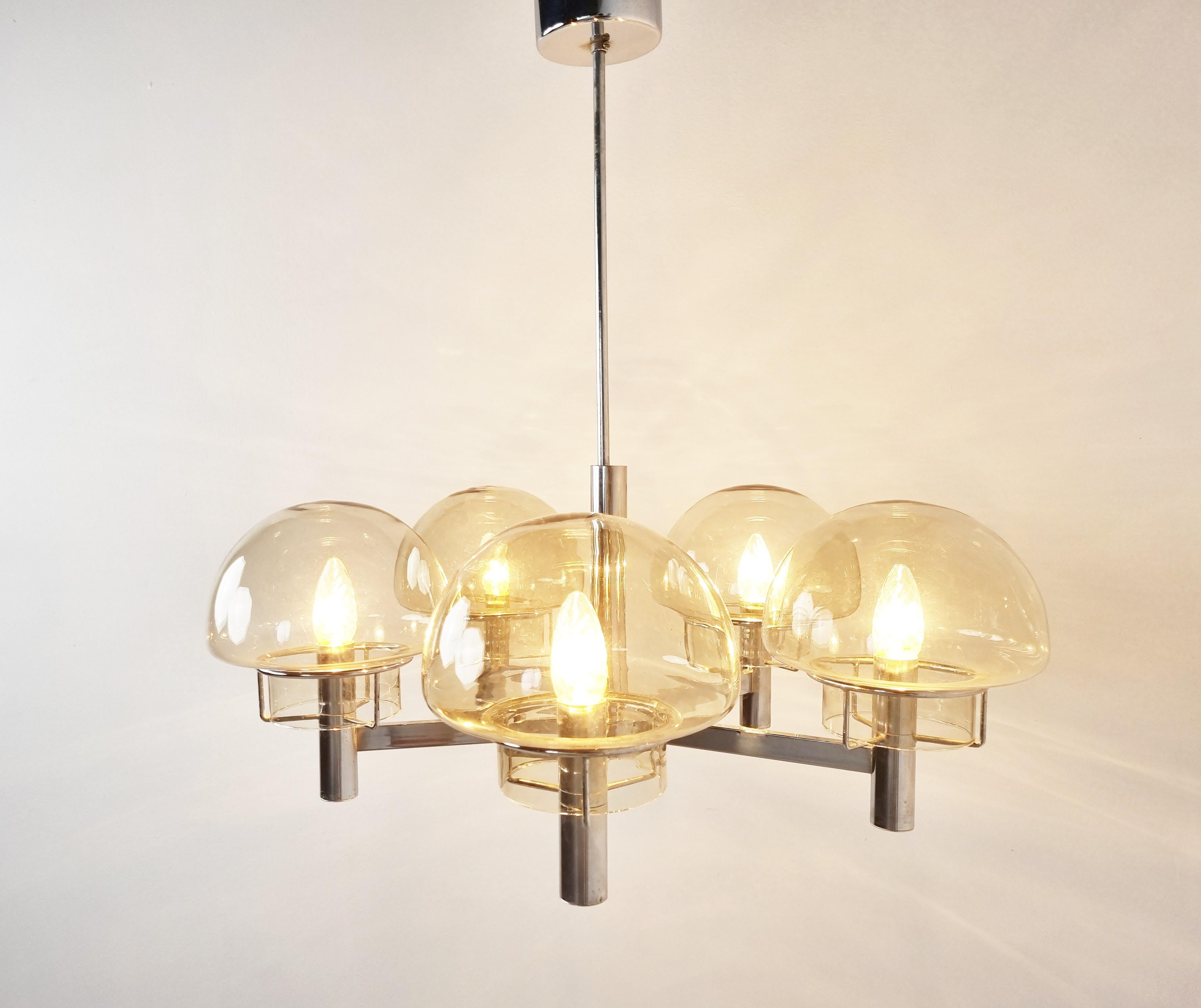 Smoked Glass Vintage italian glass and chrome chandelier, 1970s For Sale