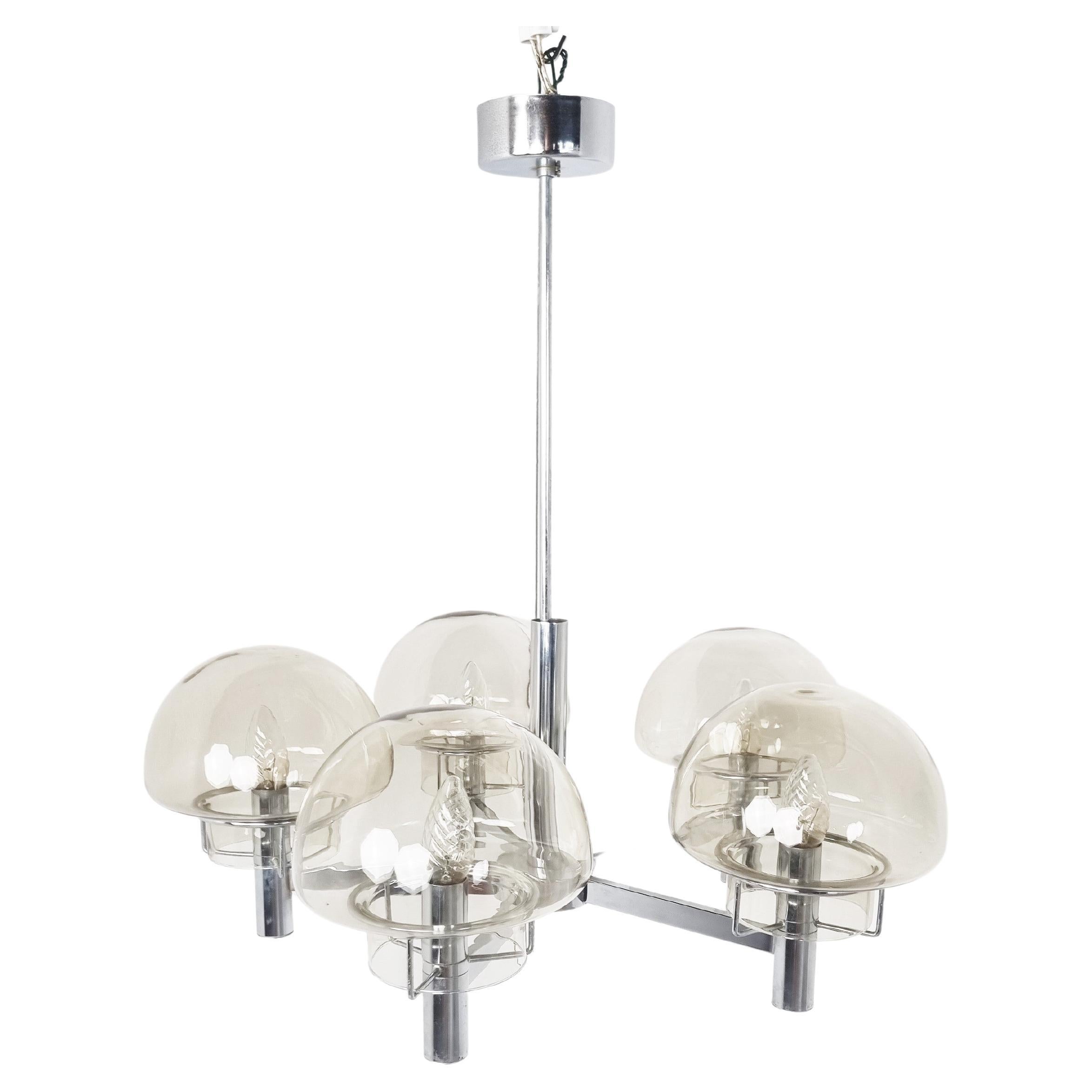 Vintage italian glass and chrome chandelier, 1970s For Sale