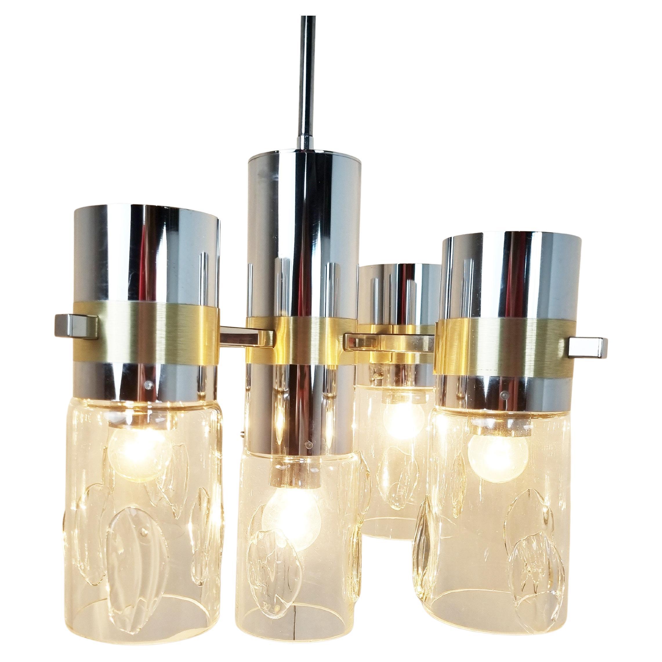Vintage Italian Glass and Chrome Chandelier, 1970s