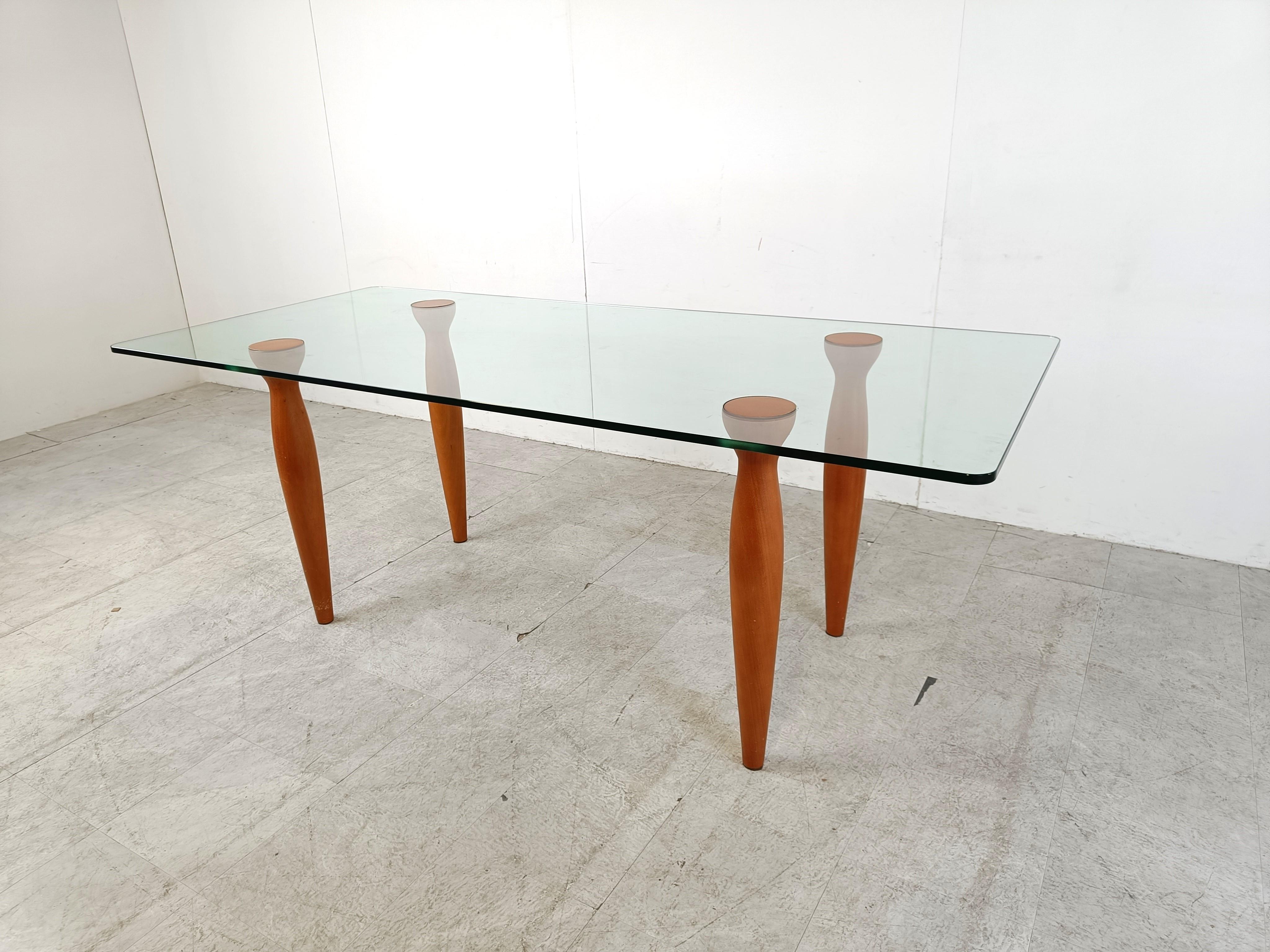 Post-Modern Vintage italian glass and wooden dining table, 1990s For Sale