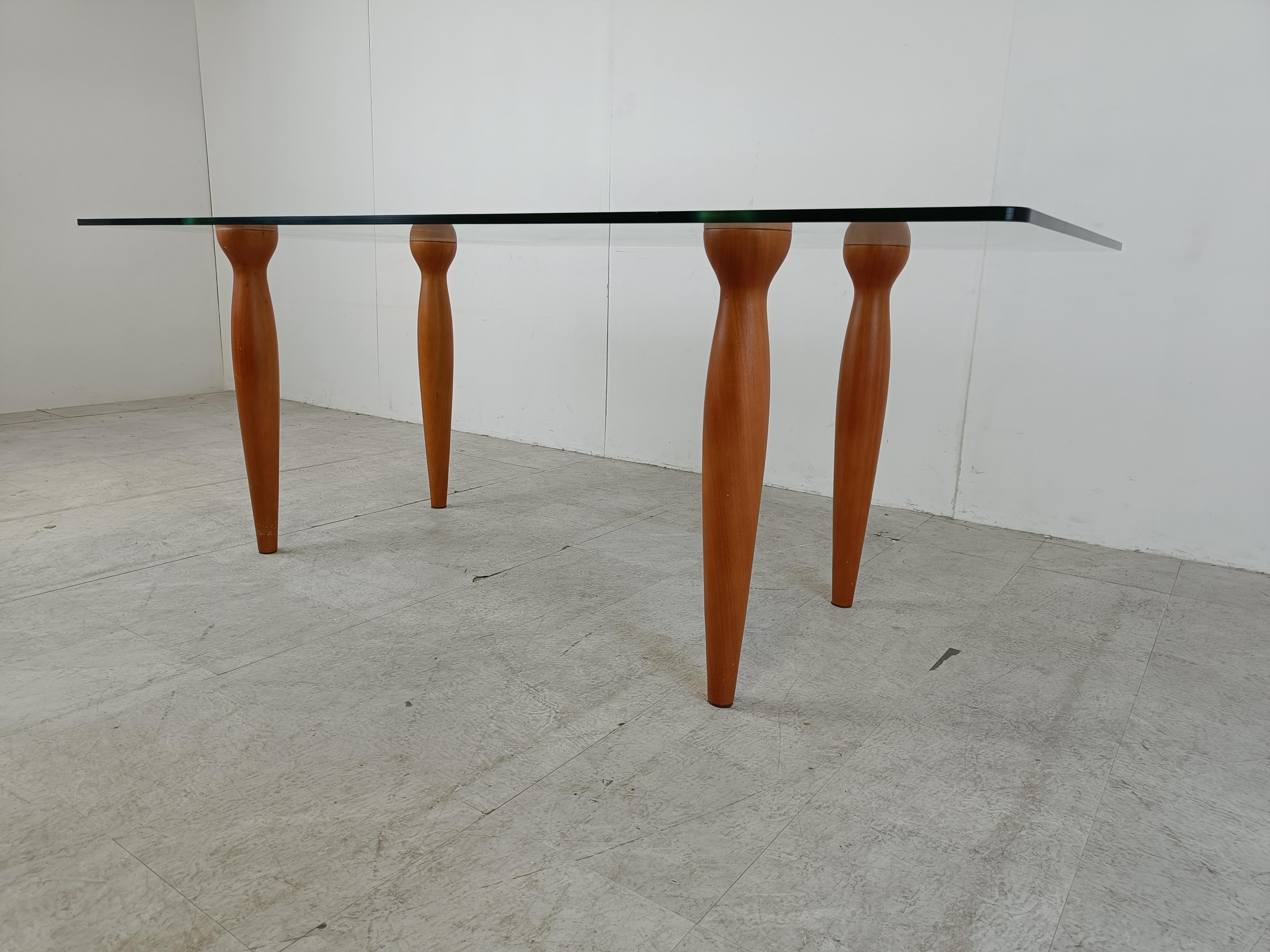Italian Vintage italian glass and wooden dining table, 1990s For Sale