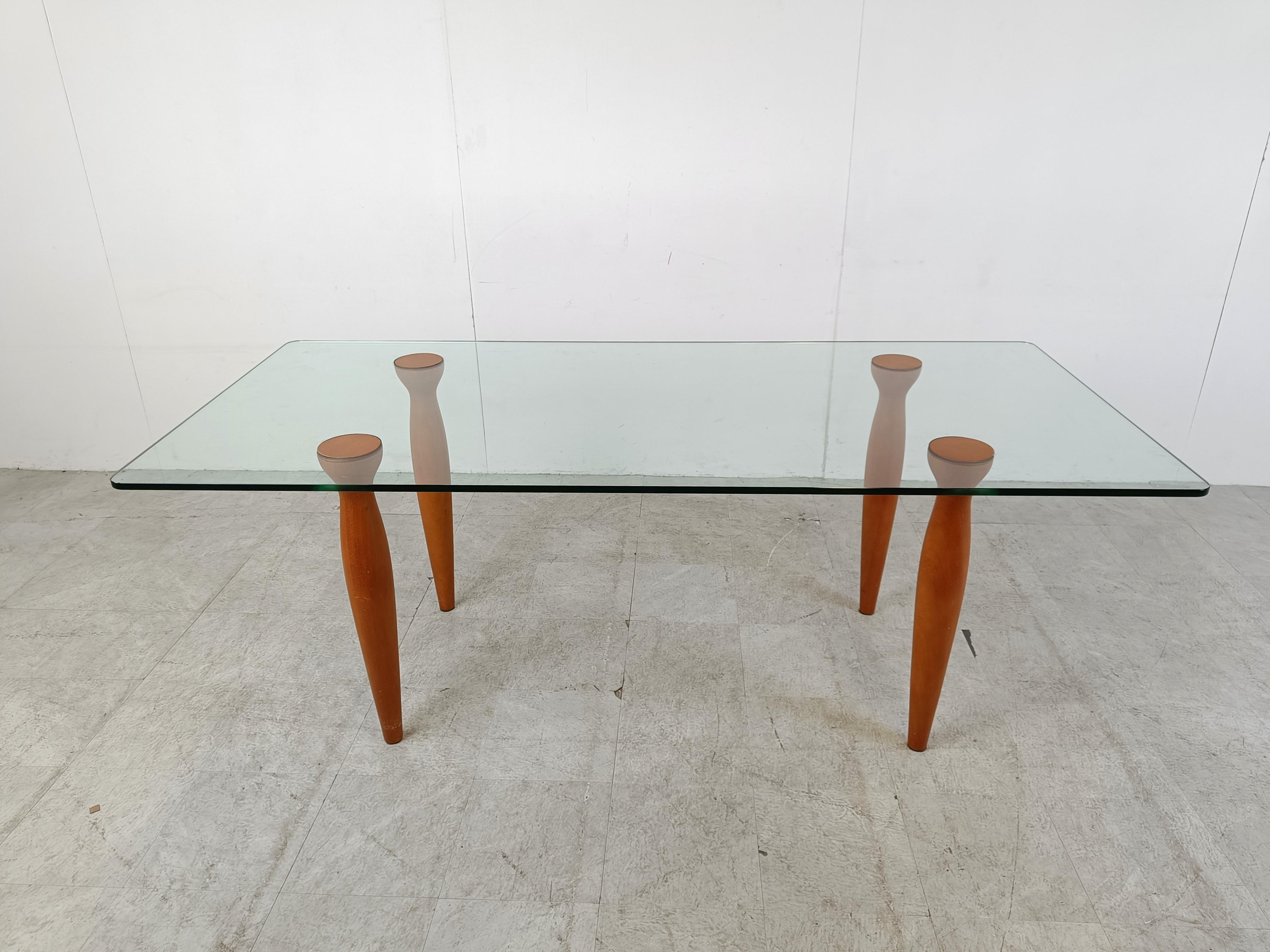 Vintage italian glass and wooden dining table, 1990s In Good Condition For Sale In HEVERLEE, BE