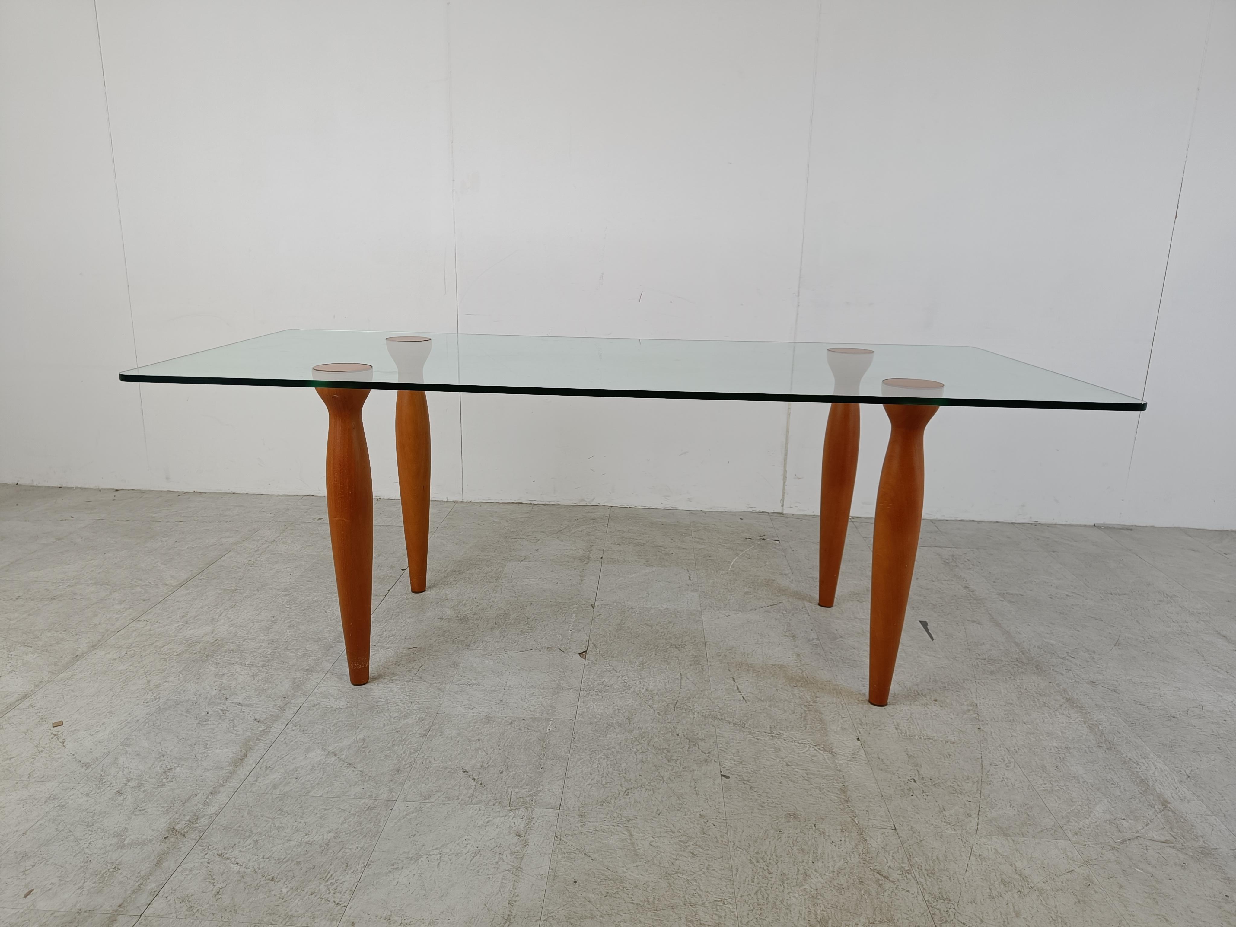 Late 20th Century Vintage italian glass and wooden dining table, 1990s For Sale