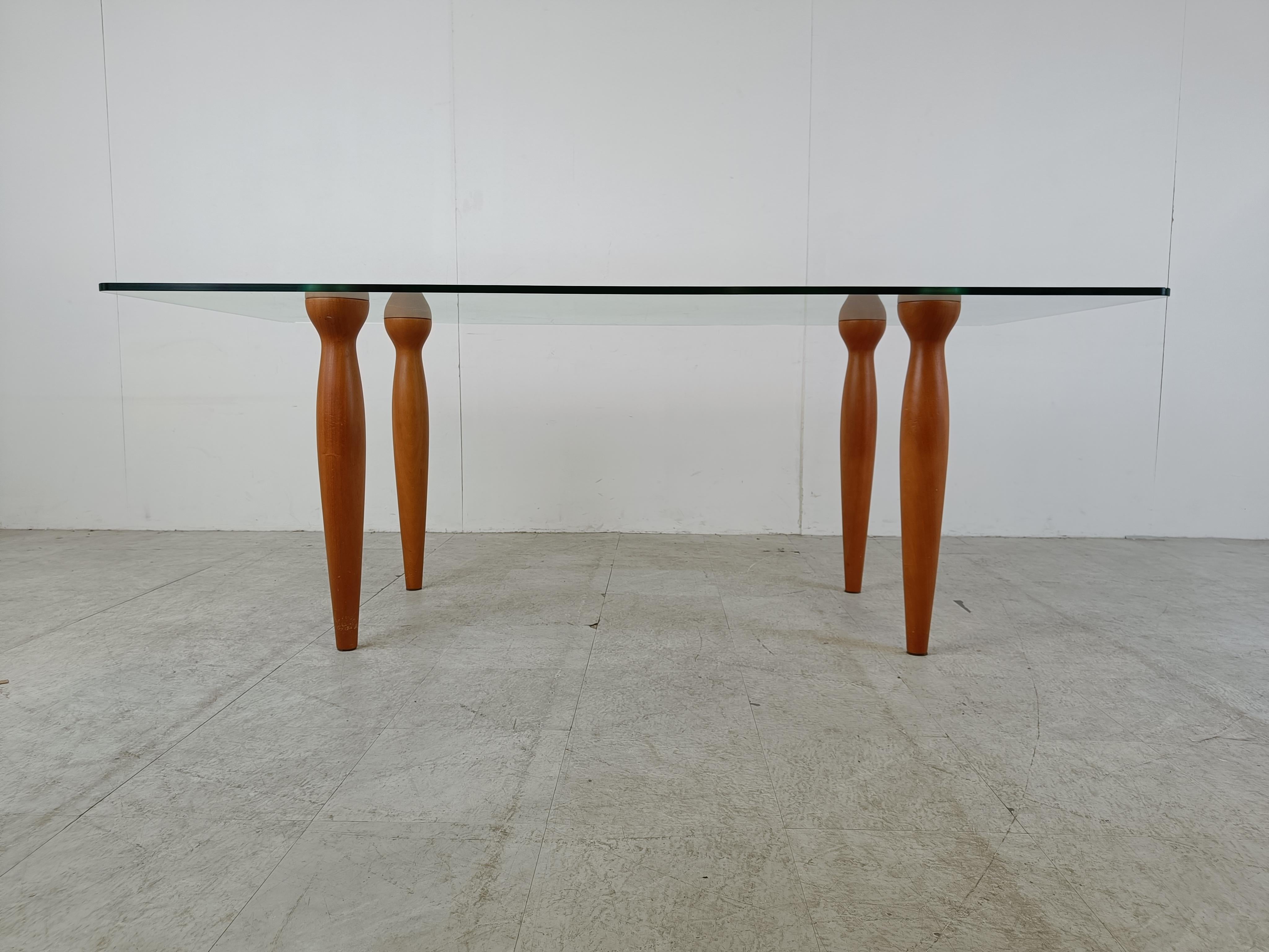 Glass Vintage italian glass and wooden dining table, 1990s For Sale