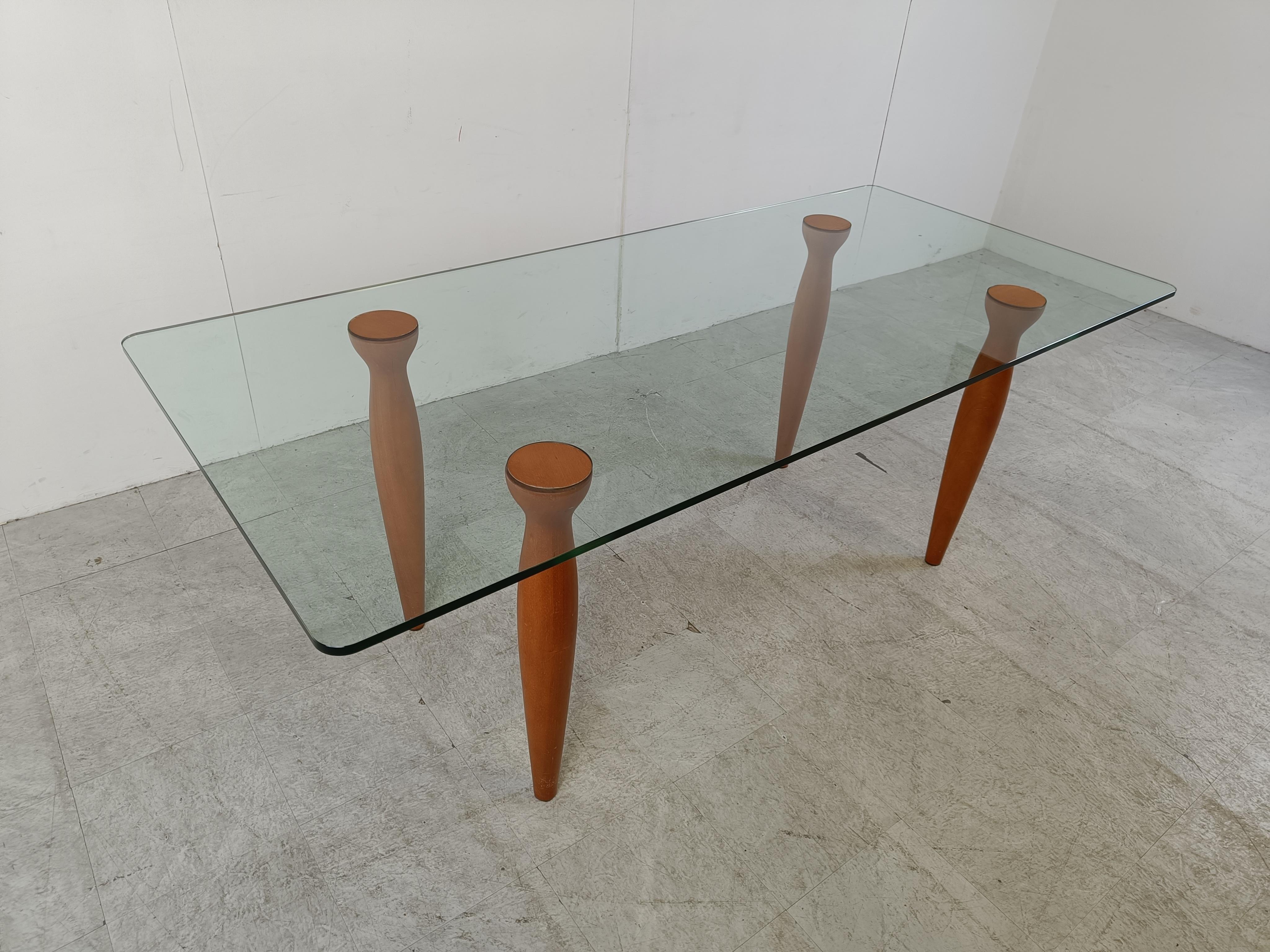 Vintage italian glass and wooden dining table, 1990s For Sale 1