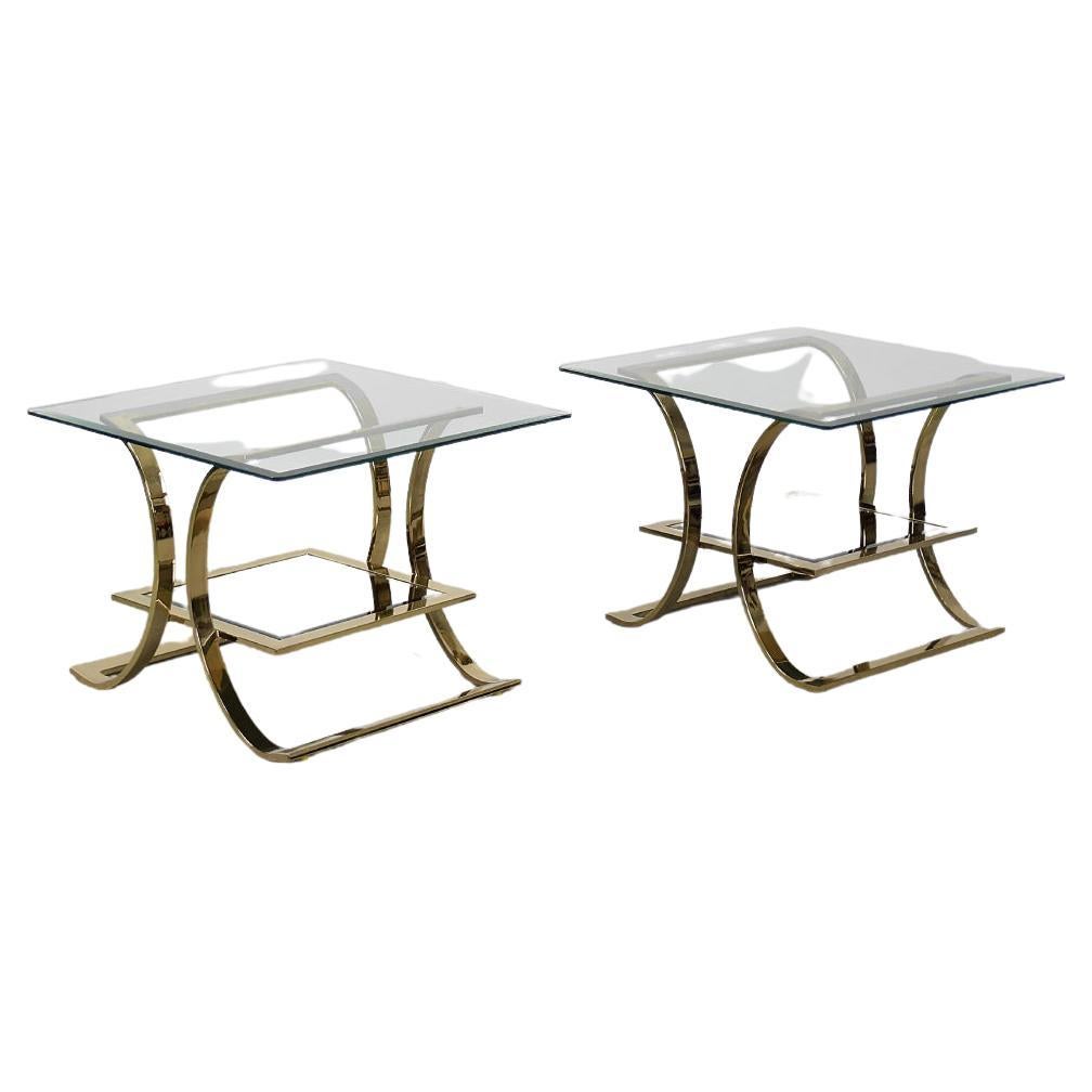Pair of Vintage Hollywood Regency Glass Coffee Tables with Gold-Colored Bases For Sale