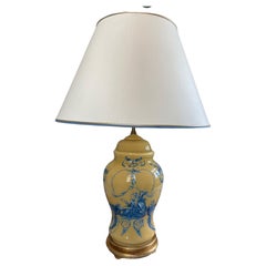 Vintage Italian Glass Lamp with Blue Rococo Figures on Yellow Ground, 1950s