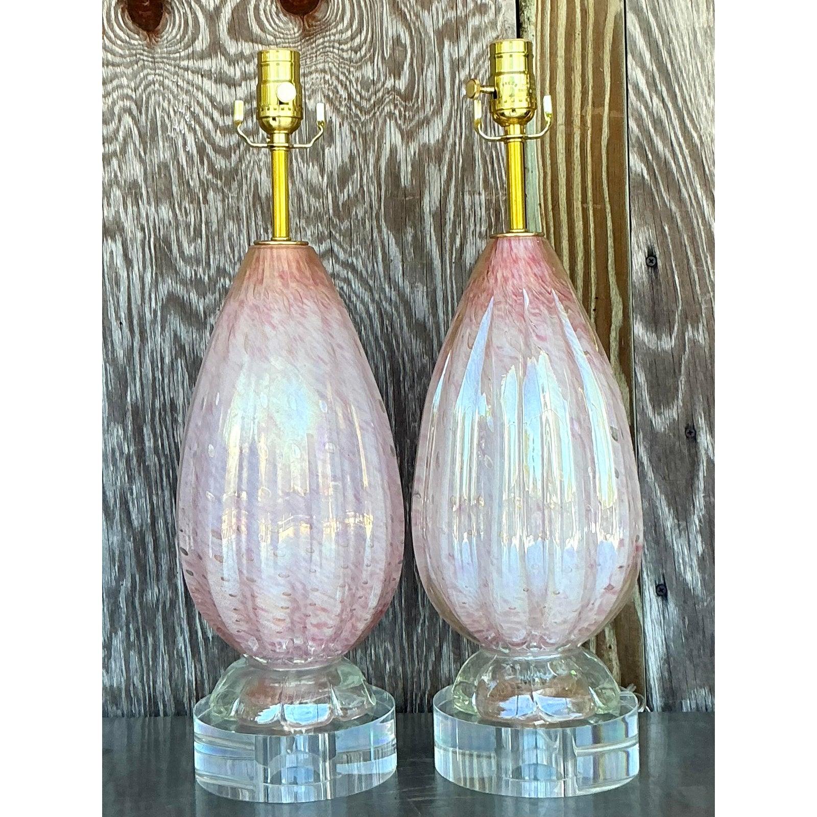 Vintage Italian Glass Lamps After Murano - A Pair In Good Condition For Sale In west palm beach, FL
