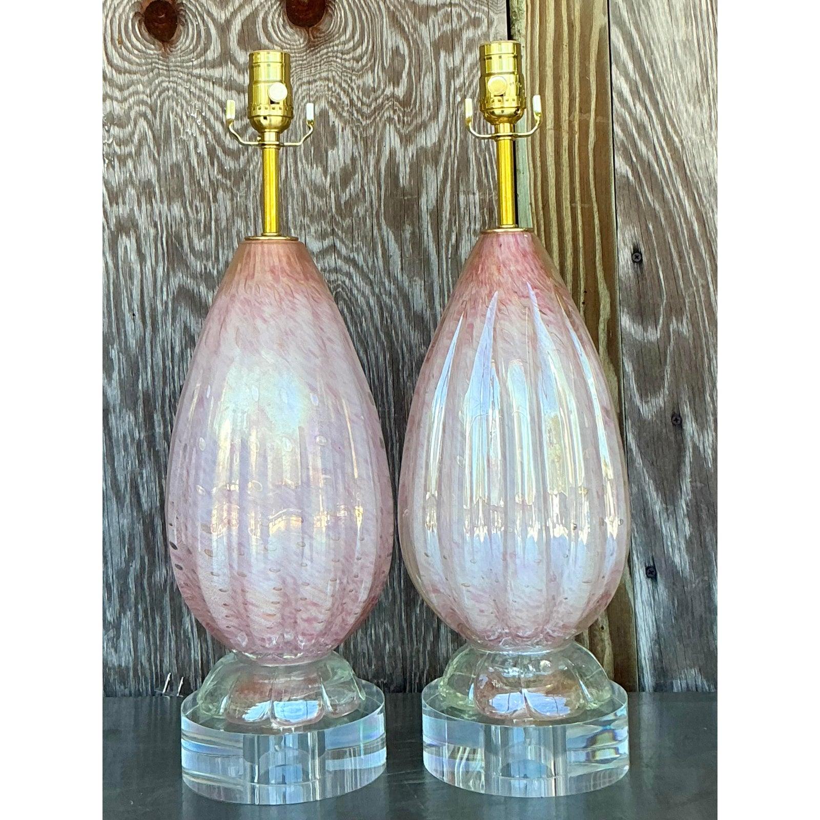 Brass Vintage Italian Glass Lamps After Murano - A Pair For Sale