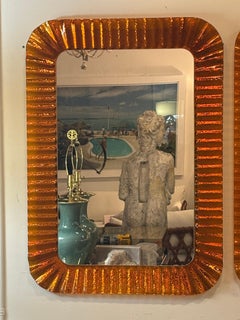 Vintage Italian Glass Pair of Orange Scalloped Wavy Wall Mirrors by Linea Vetro