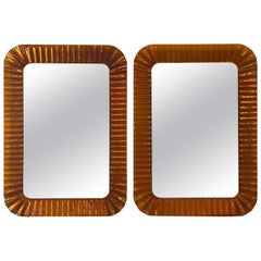Vintage Italian Glass Pair of Orange Scalloped Wavy Wall Mirrors by Linea Vetro
