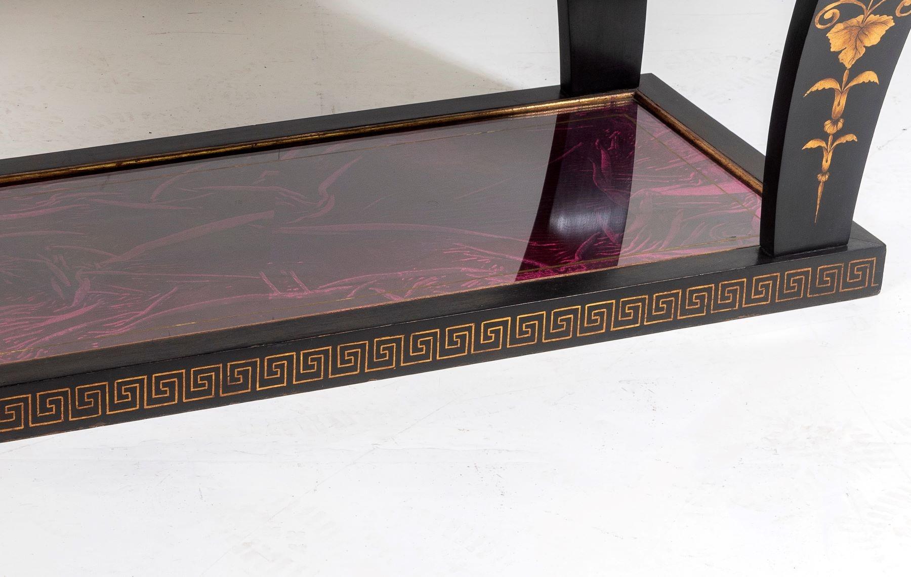 Vintage Italian Glass Top Coffee Table Ebonised Gilt with Crushed Velvet Versace For Sale 1
