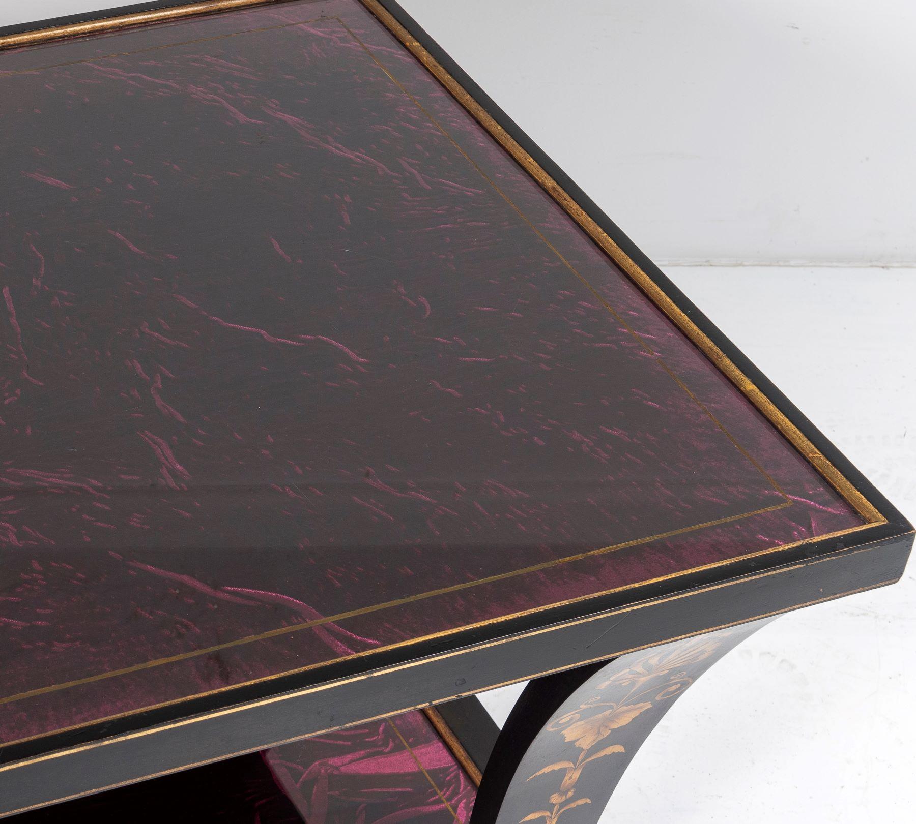 Vintage Italian Glass Top Coffee Table Ebonised Gilt with Crushed Velvet Versace For Sale 2