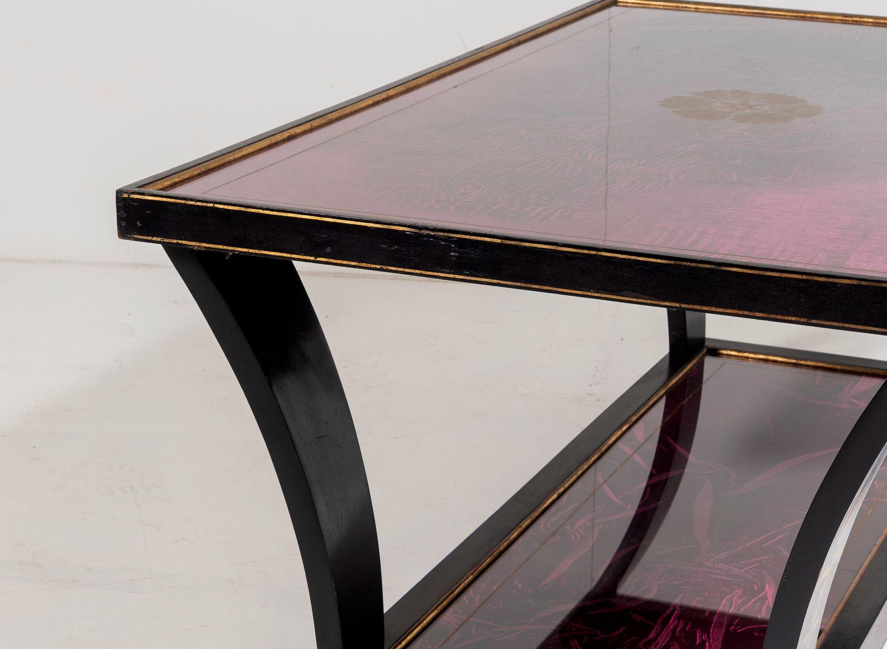 Greek Revival Vintage Italian Glass Top Coffee Table Ebonised Gilt with Crushed Velvet Versace For Sale