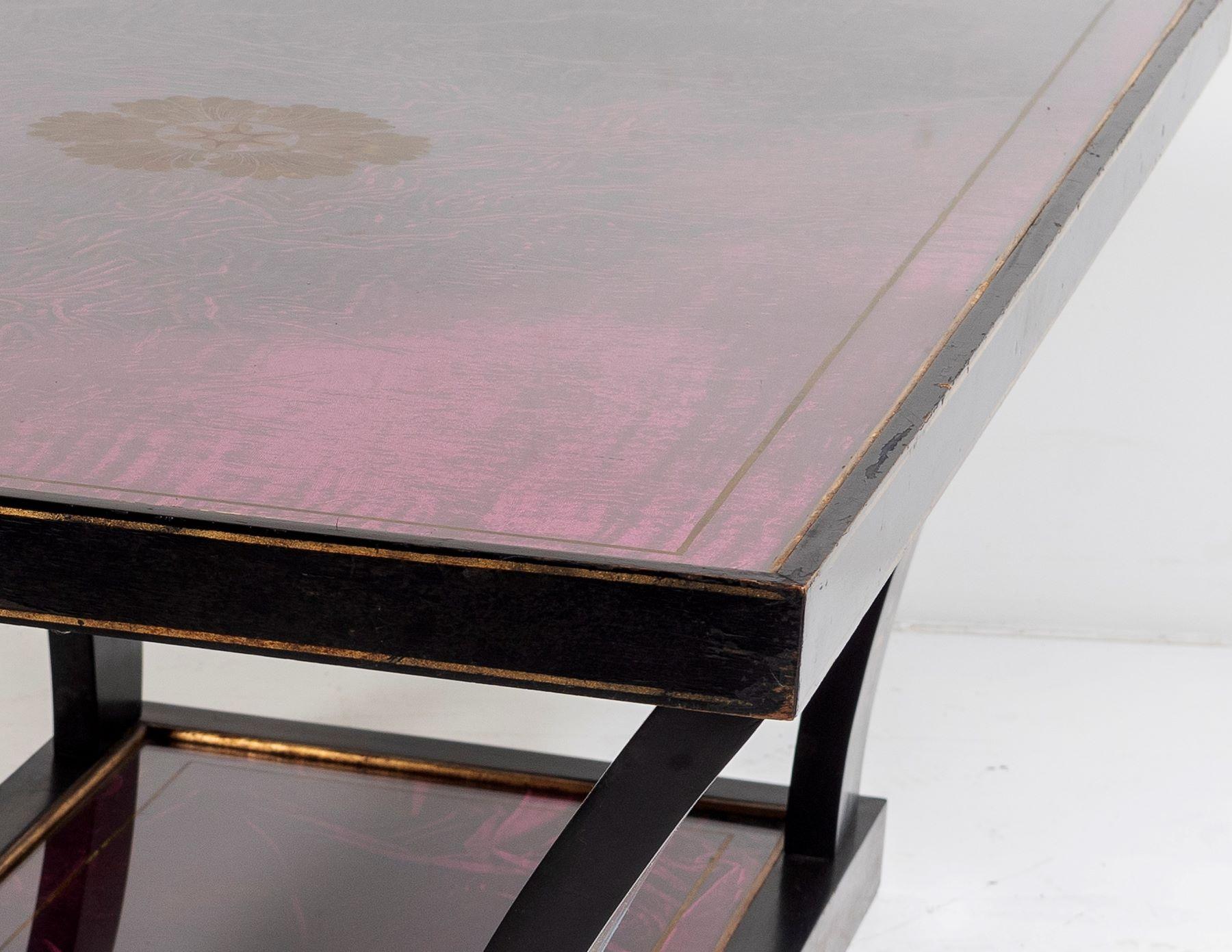 Ebonized Vintage Italian Glass Top Coffee Table Ebonised Gilt with Crushed Velvet Versace For Sale