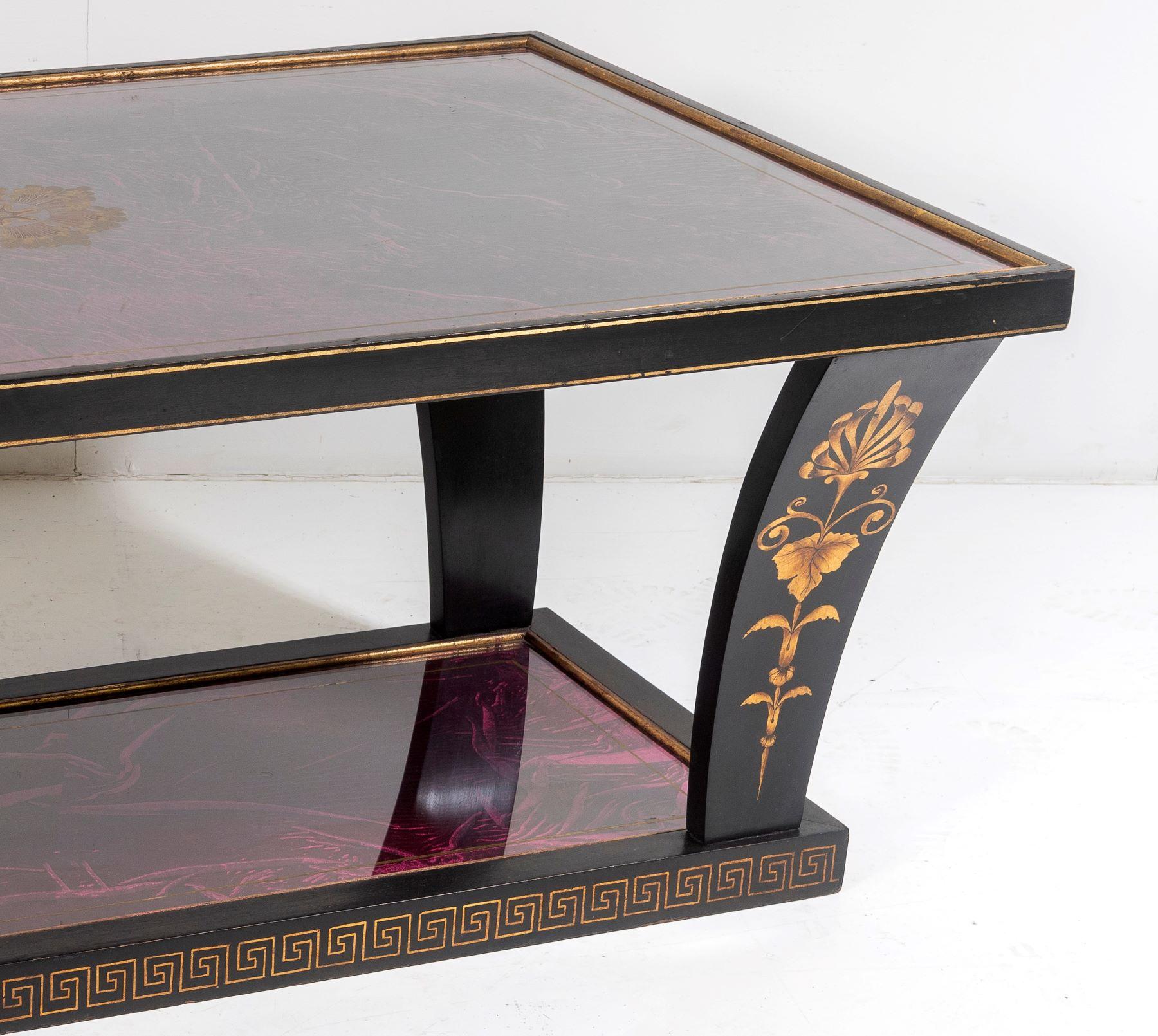 20th Century Vintage Italian Glass Top Coffee Table Ebonised Gilt with Crushed Velvet Versace For Sale
