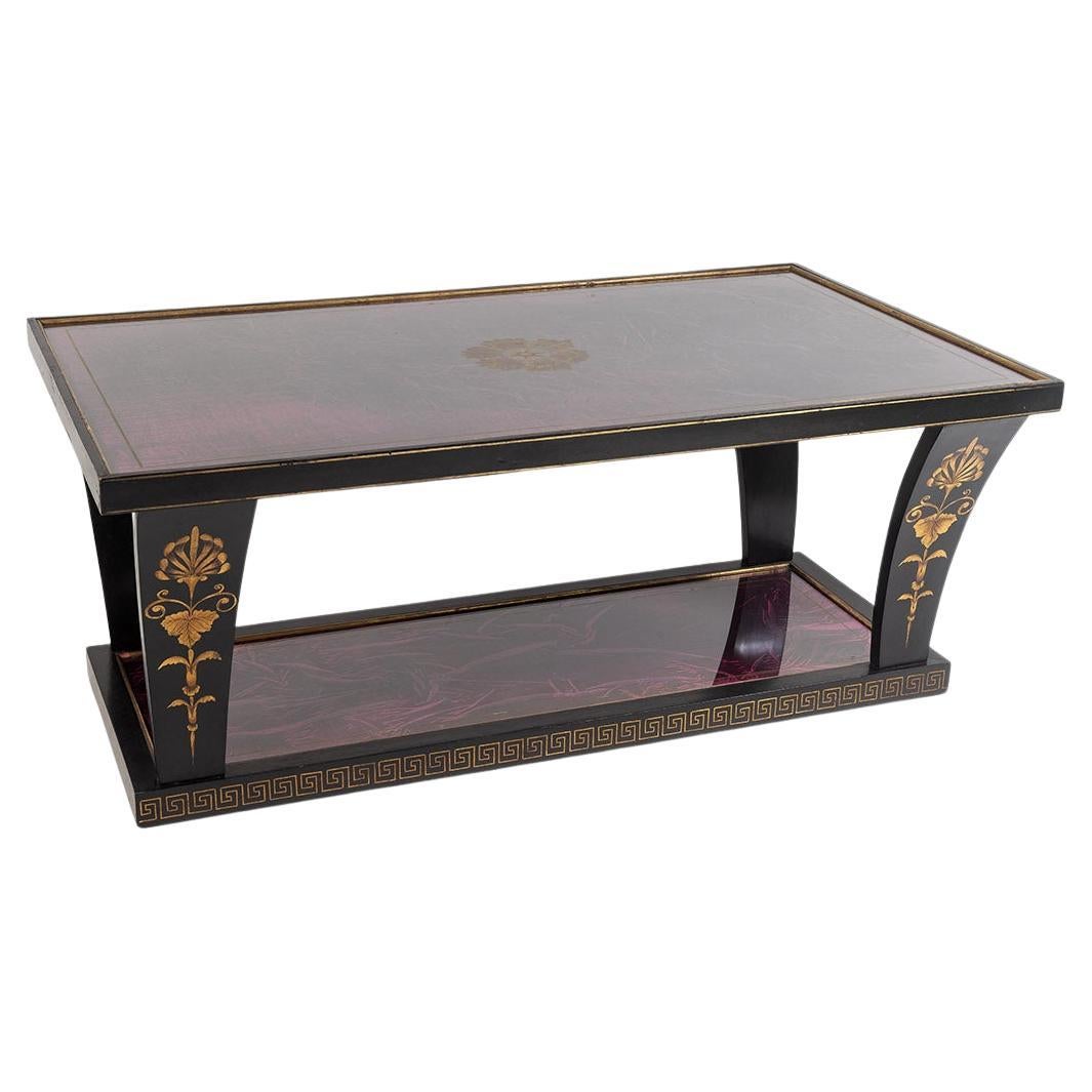 Vintage Italian Glass Top Coffee Table Ebonised Gilt with Crushed Velvet Versace For Sale