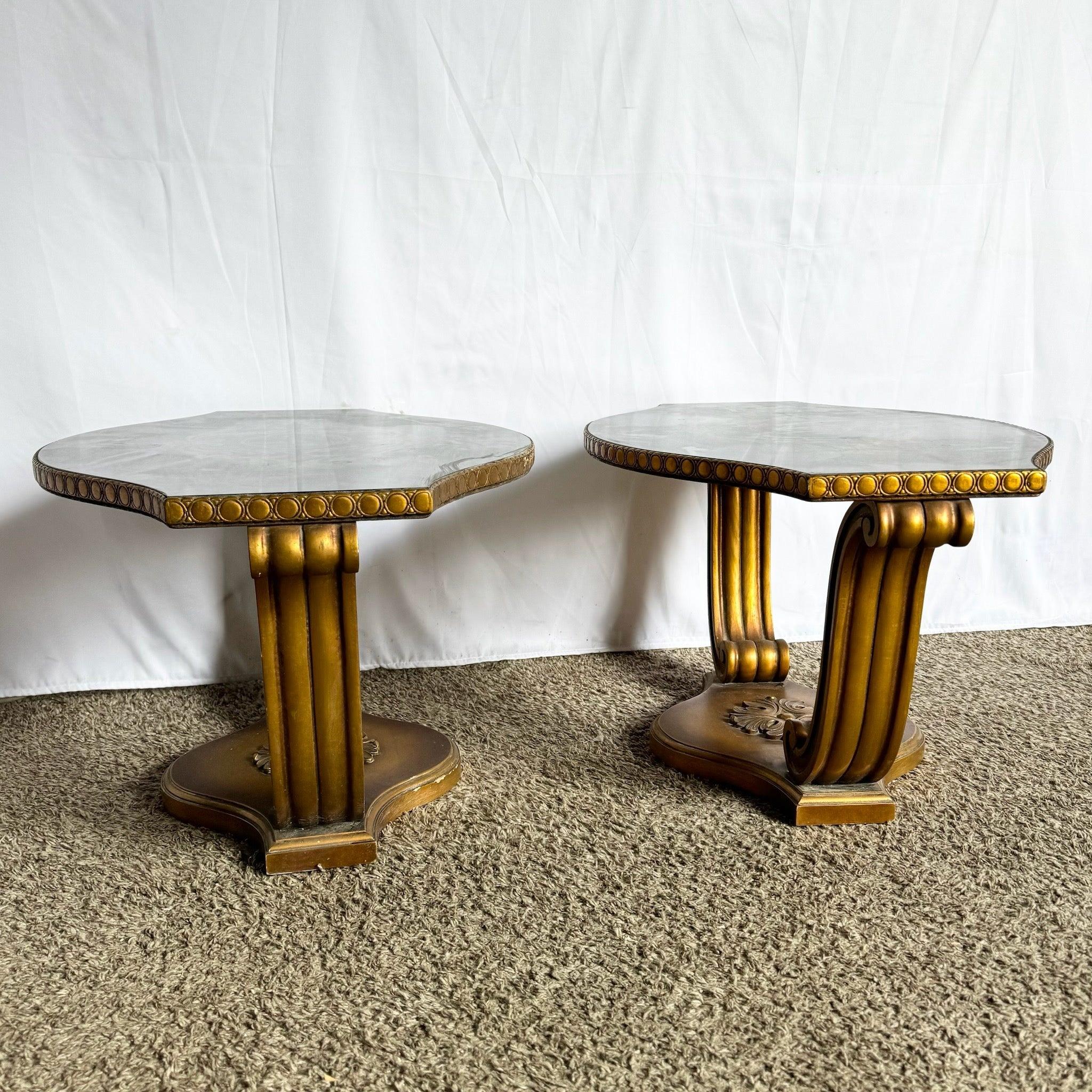 Vintage Italian Glass Top Hand Painted Guilt Side Tables - A Pair In Good Condition For Sale In Delray Beach, FL