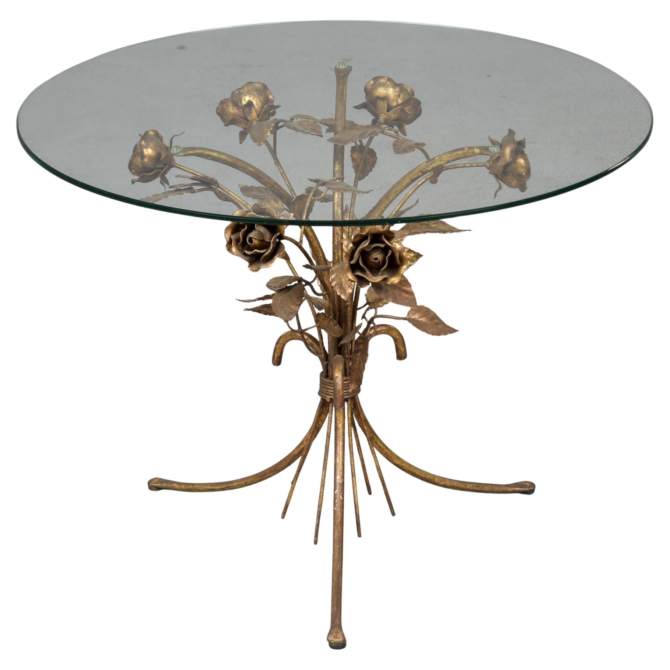 Vintage Italian Glass Top Round Side Table with Gilt Metal Roses Base