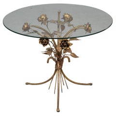 Vintage Italian Glass Top Round Side Table with Gilt Metal Roses Base