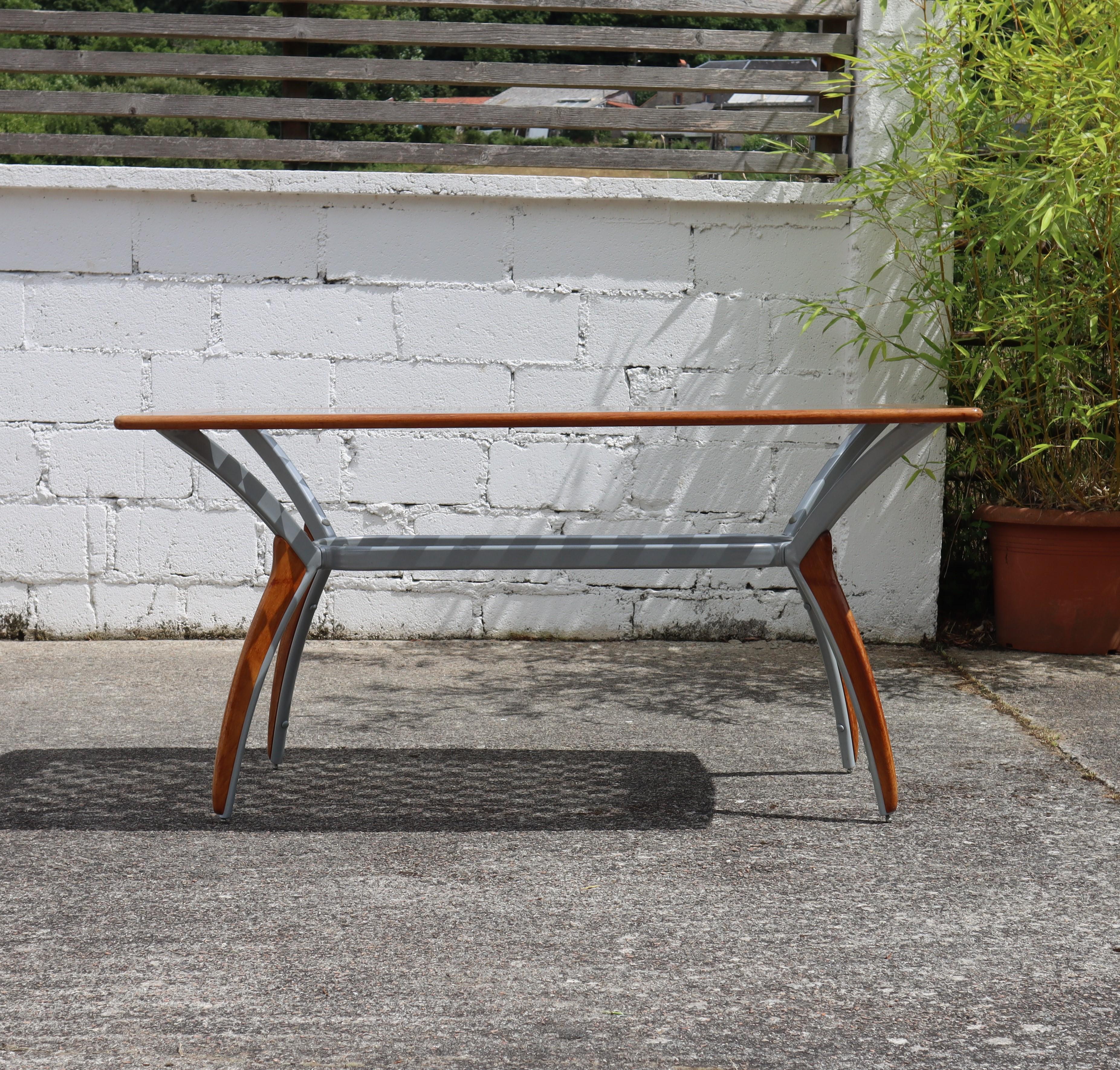 Industrial Vintage Italian Glass-Wood and Metal Dining Table - Italian Design Dinner Table For Sale
