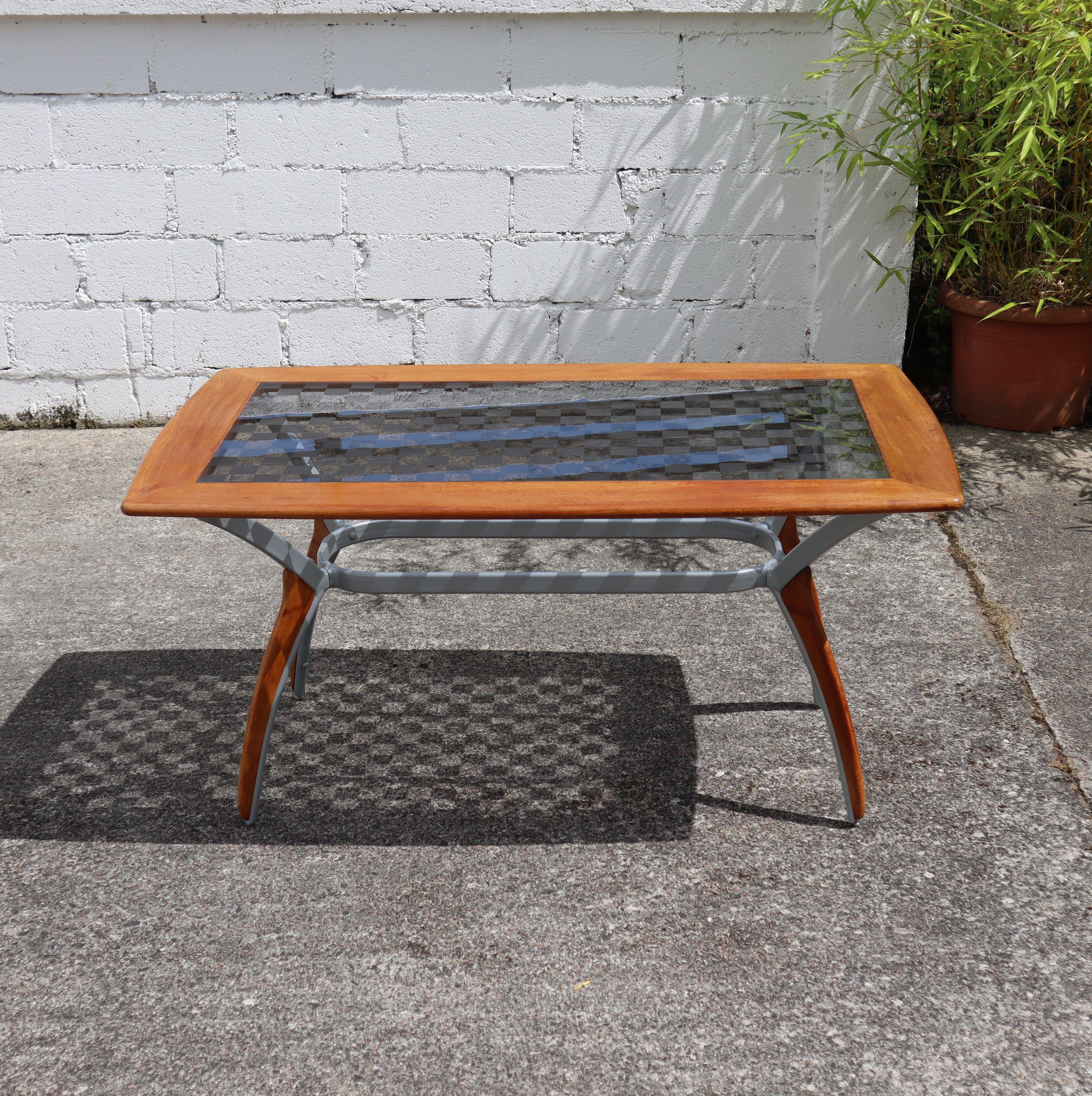 Hand-Crafted Vintage Italian Glass-Wood and Metal Dining Table - Italian Design Dinner Table For Sale
