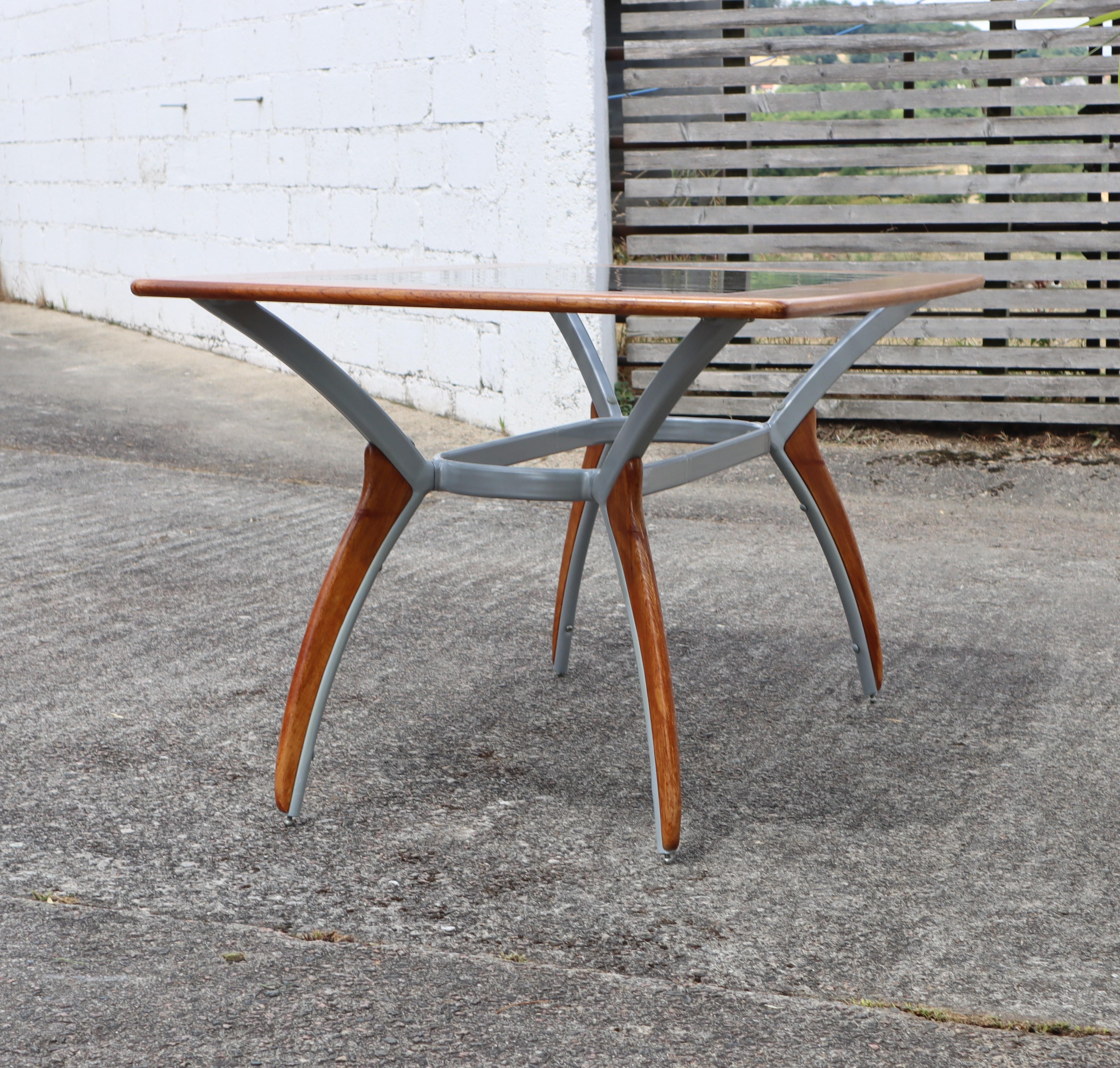 Vintage Italian Glass-Wood and Metal Dining Table - Italian Design Dinner Table For Sale 3