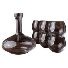 Vintage Italian Glassware Set - 6 Wine Glasses with Decanter, Clear Glass 1980s