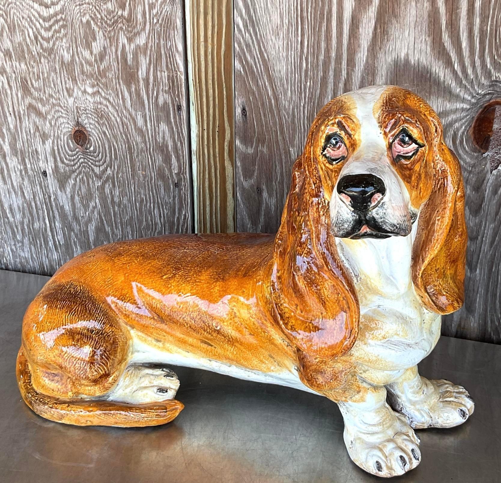 Vintage Italian Glazed Ceramic Basset Hound In Good Condition For Sale In west palm beach, FL