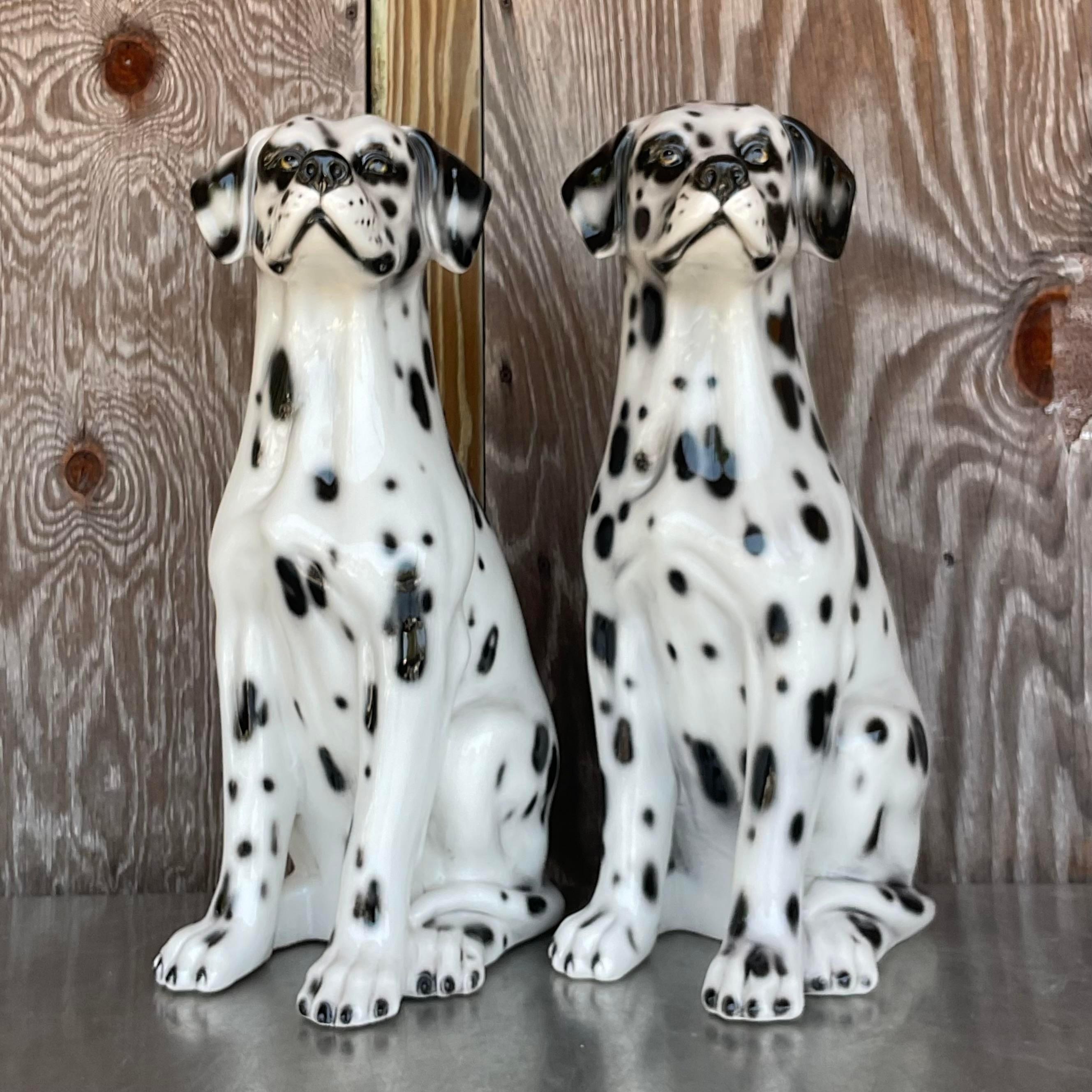 Vintage Italian Glazed Ceramic Dalmatians - a Pair In Good Condition For Sale In west palm beach, FL