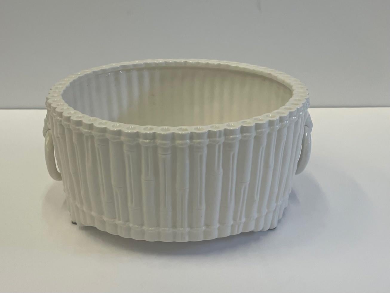 Vintage Italian Glazed Ceramic Faux Bamboo Planter with Ring Handles In Good Condition For Sale In Hopewell, NJ