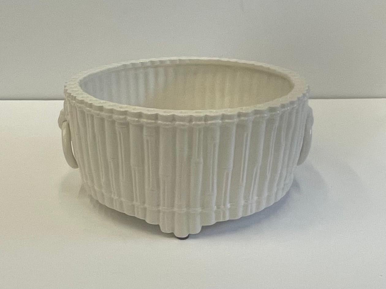 Vintage Italian Glazed Ceramic Faux Bamboo Planter with Ring Handles For Sale 1