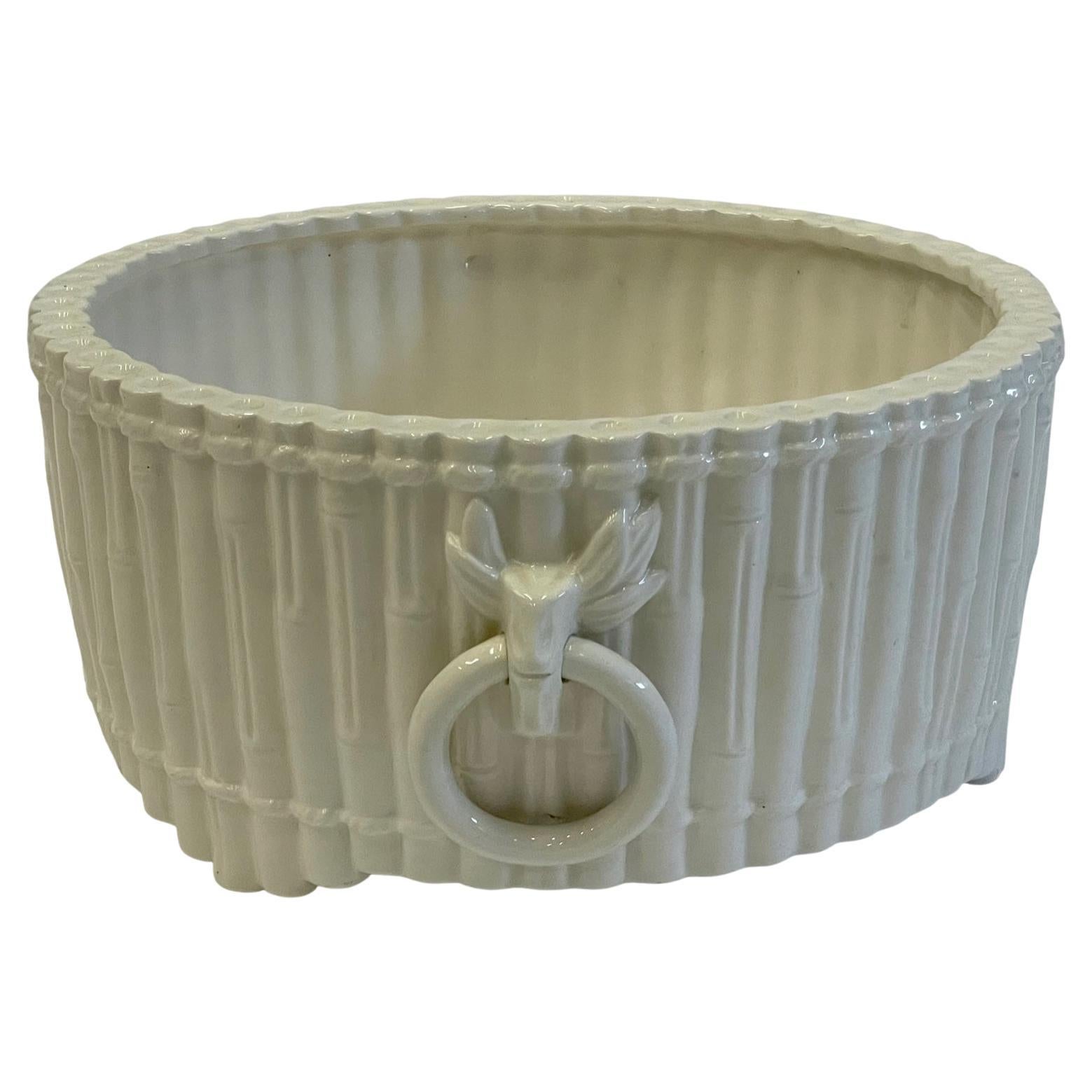 Vintage Italian Glazed Ceramic Faux Bamboo Planter with Ring Handles For Sale