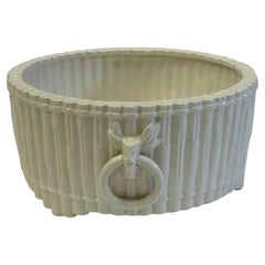 Vintage Italian Glazed Ceramic Faux Bamboo Planter with Ring Handles