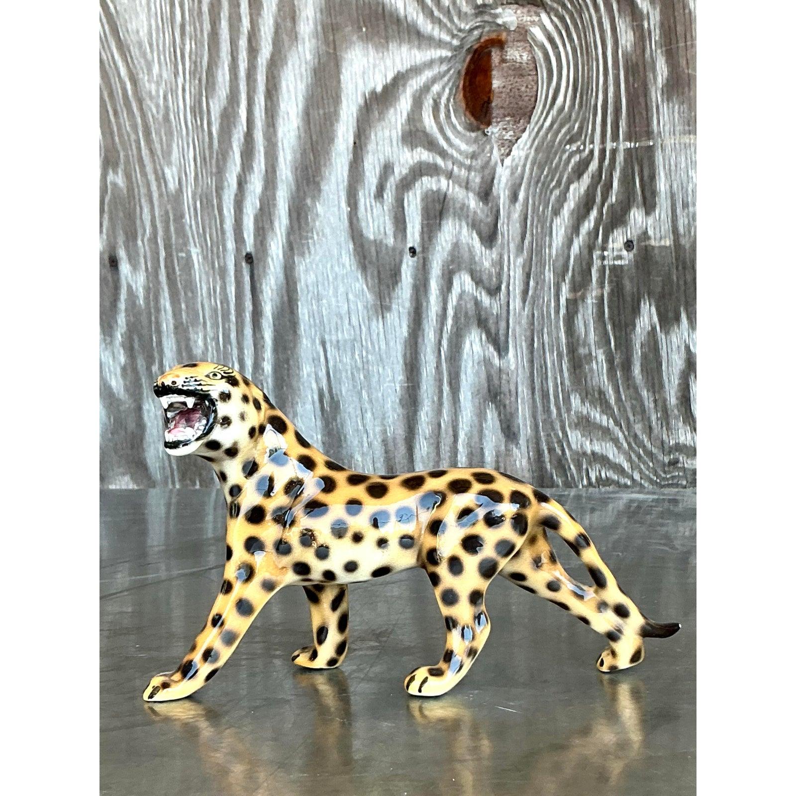 Hollywood Regency Vintage Italian Glazed Ceramic Leopard Figurine For Sale